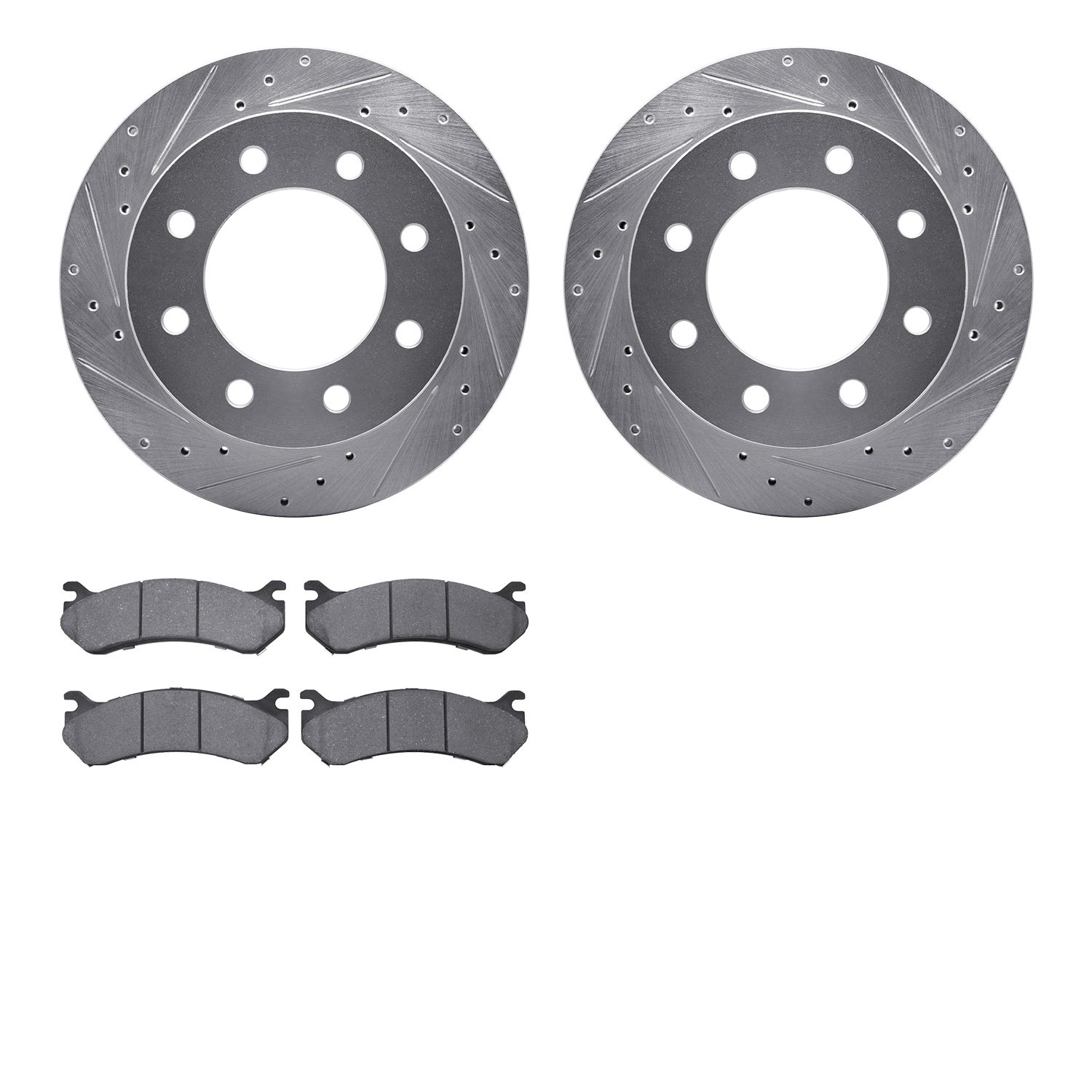 7202-48020 Drilled/Slotted Rotors w/Heavy-Duty Brake Pads Kit [Silver], 1999-2009 GM, Position: Rear