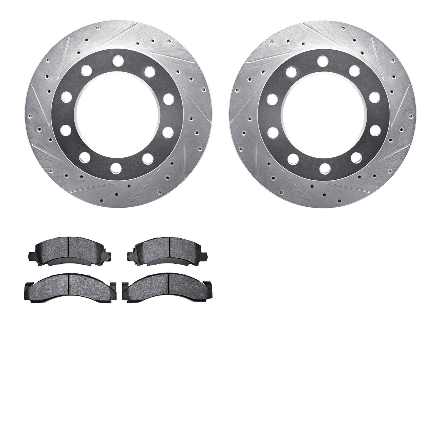 7202-48029 Drilled/Slotted Rotors w/Heavy-Duty Brake Pads Kit [Silver], 1976-2005 Multiple Makes/Models, Position: Rear, Front