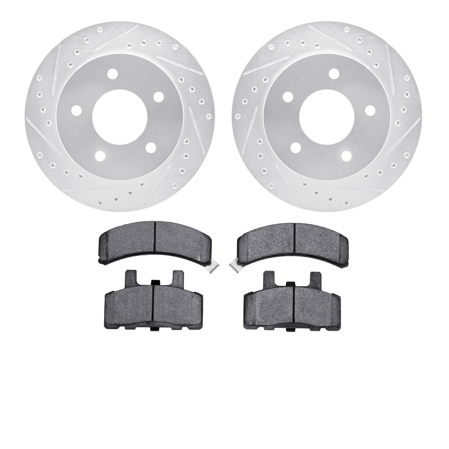7202-48031 Drilled/Slotted Rotors w/Heavy-Duty Brake Pads Kit [Silver], 1990-2002 GM, Position: Front