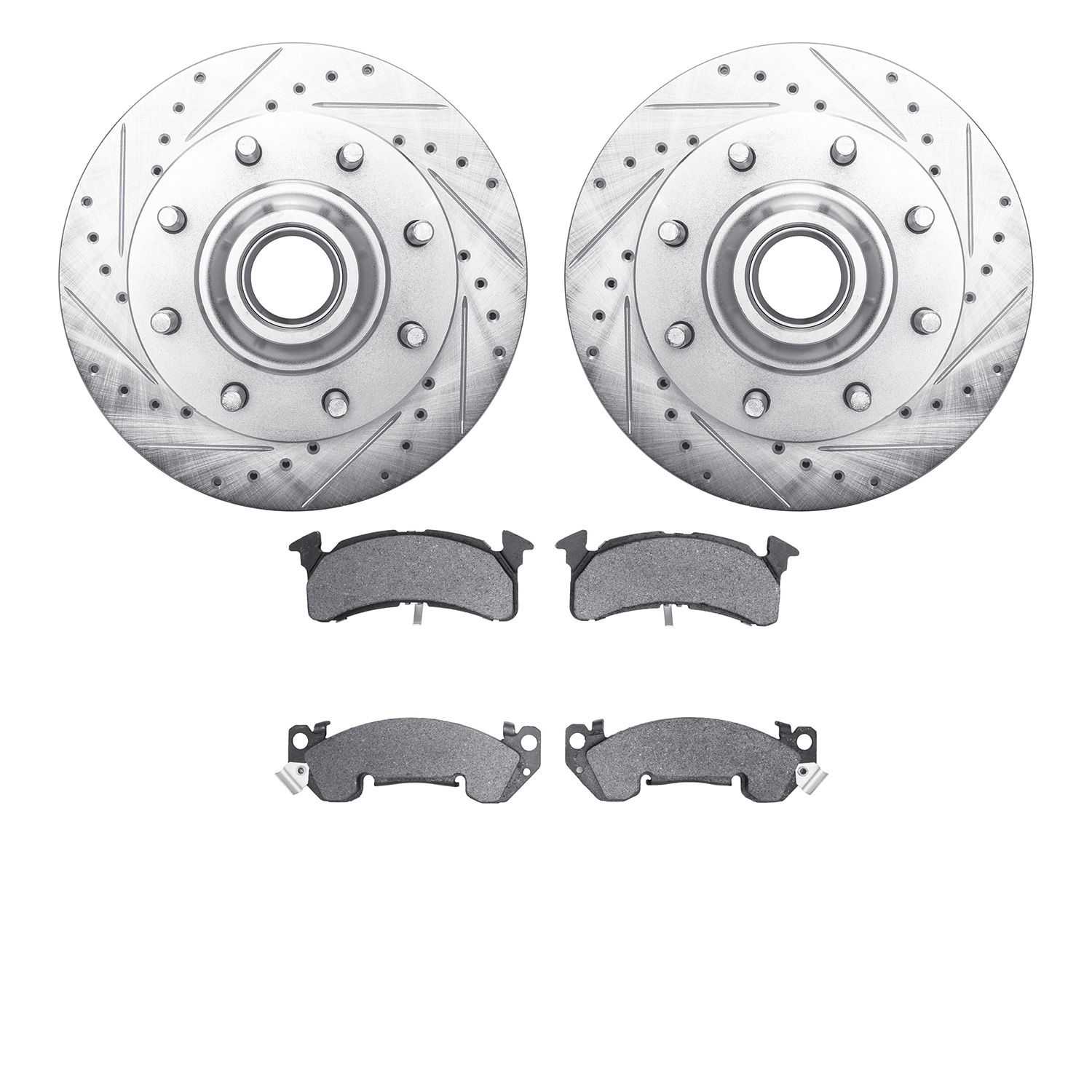 7202-48034 Drilled/Slotted Rotors w/Heavy-Duty Brake Pads Kit [Silver], 1993-1995 GM, Position: Front