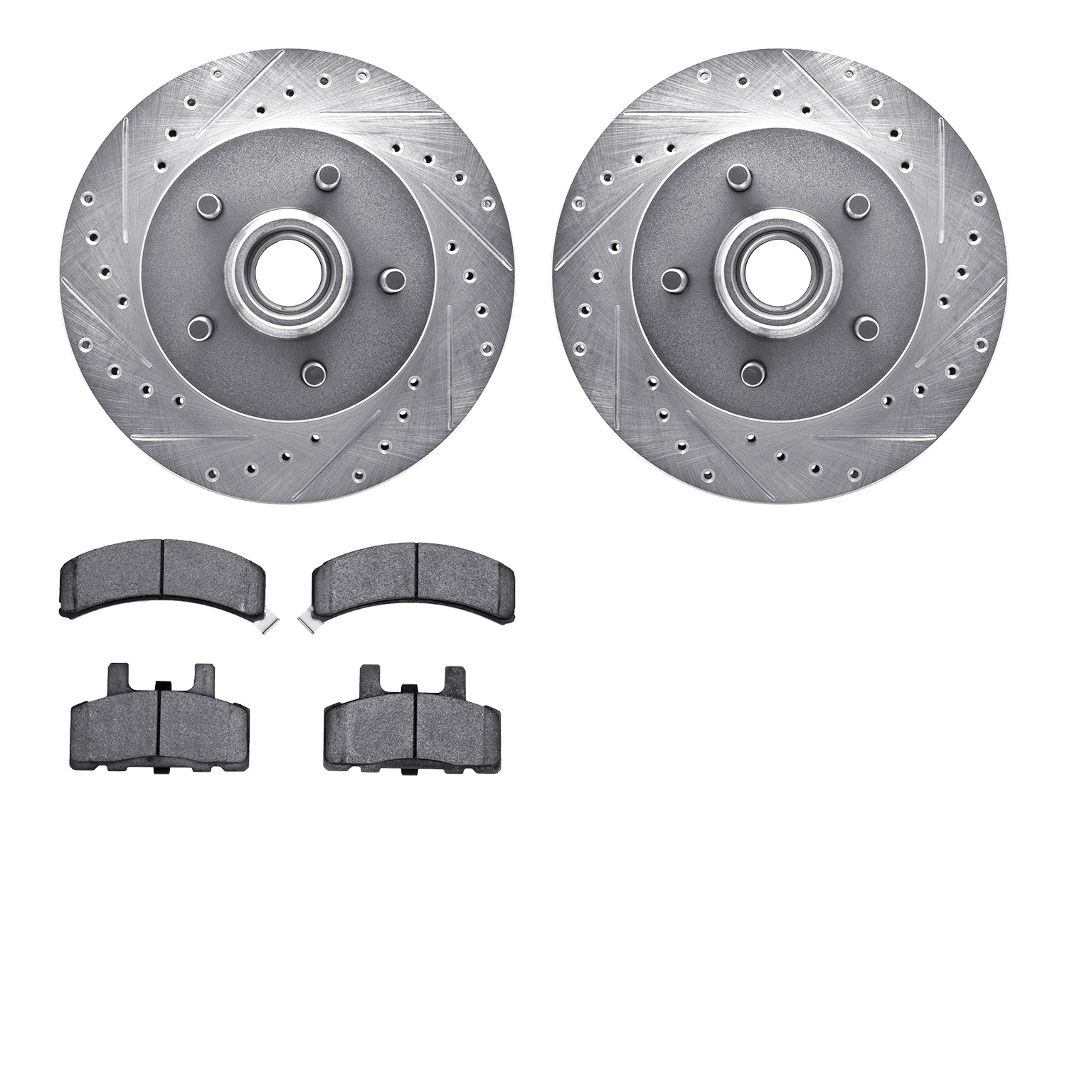 7202-48035 Drilled/Slotted Rotors w/Heavy-Duty Brake Pads Kit [Silver], 1992-2002 GM, Position: Front