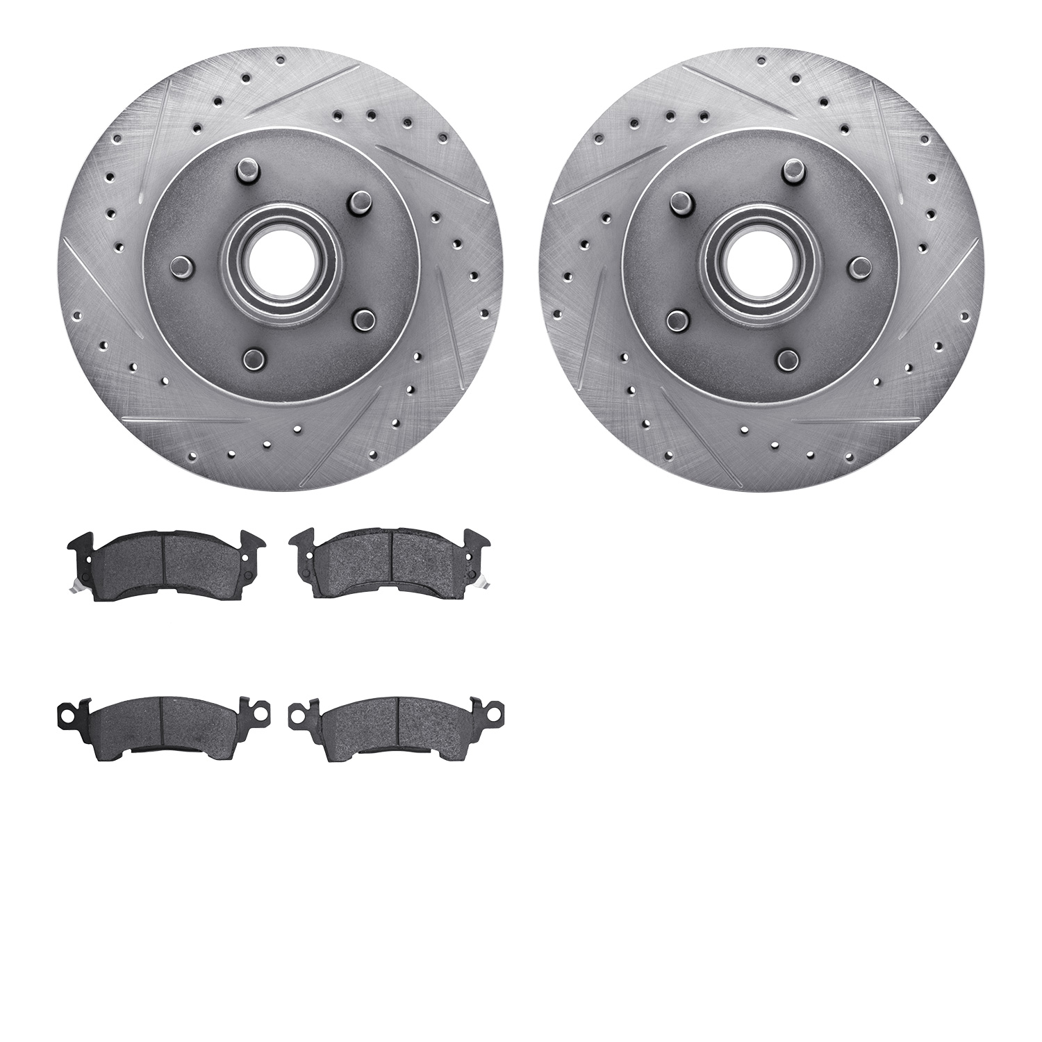 7202-48039 Drilled/Slotted Rotors w/Heavy-Duty Brake Pads Kit [Silver], 1993-1995 GM, Position: Front