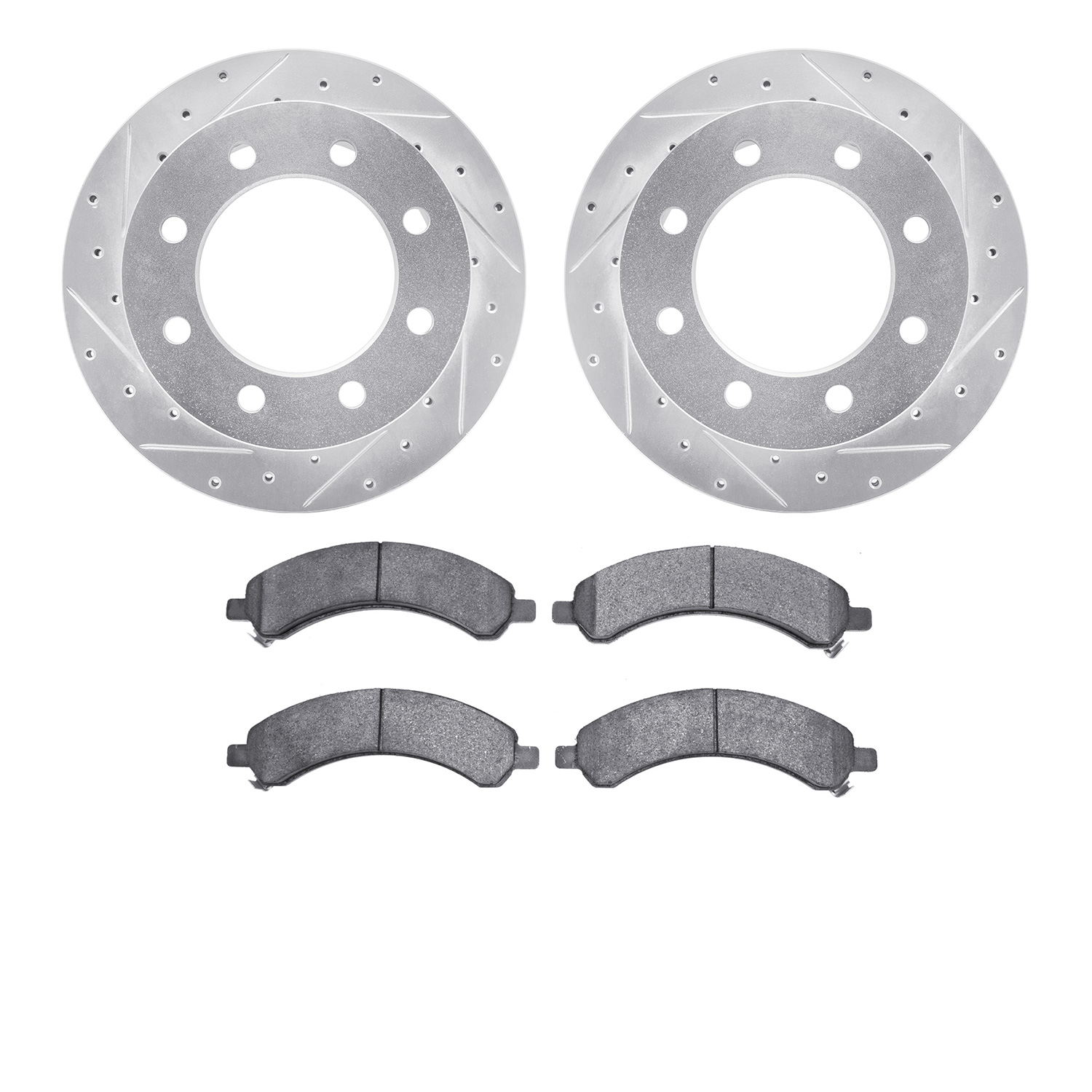7202-48048 Drilled/Slotted Rotors w/Heavy-Duty Brake Pads Kit [Silver], 2001-2010 GM, Position: Rear