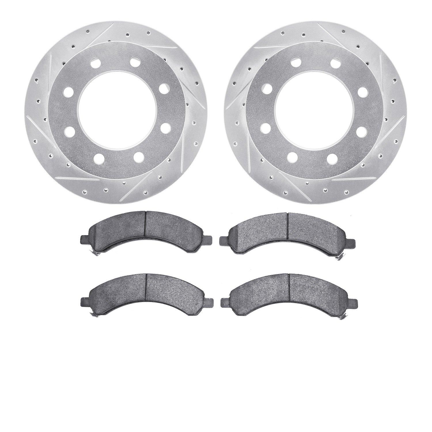 7202-48050 Drilled/Slotted Rotors w/Heavy-Duty Brake Pads Kit [Silver], 2003-2008 GM, Position: Rear
