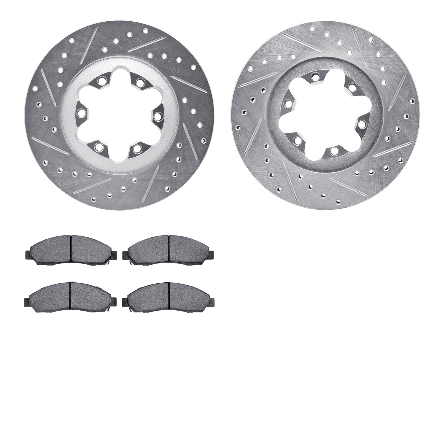 7202-48057 Drilled/Slotted Rotors w/Heavy-Duty Brake Pads Kit [Silver], 2004-2008 GM, Position: Front