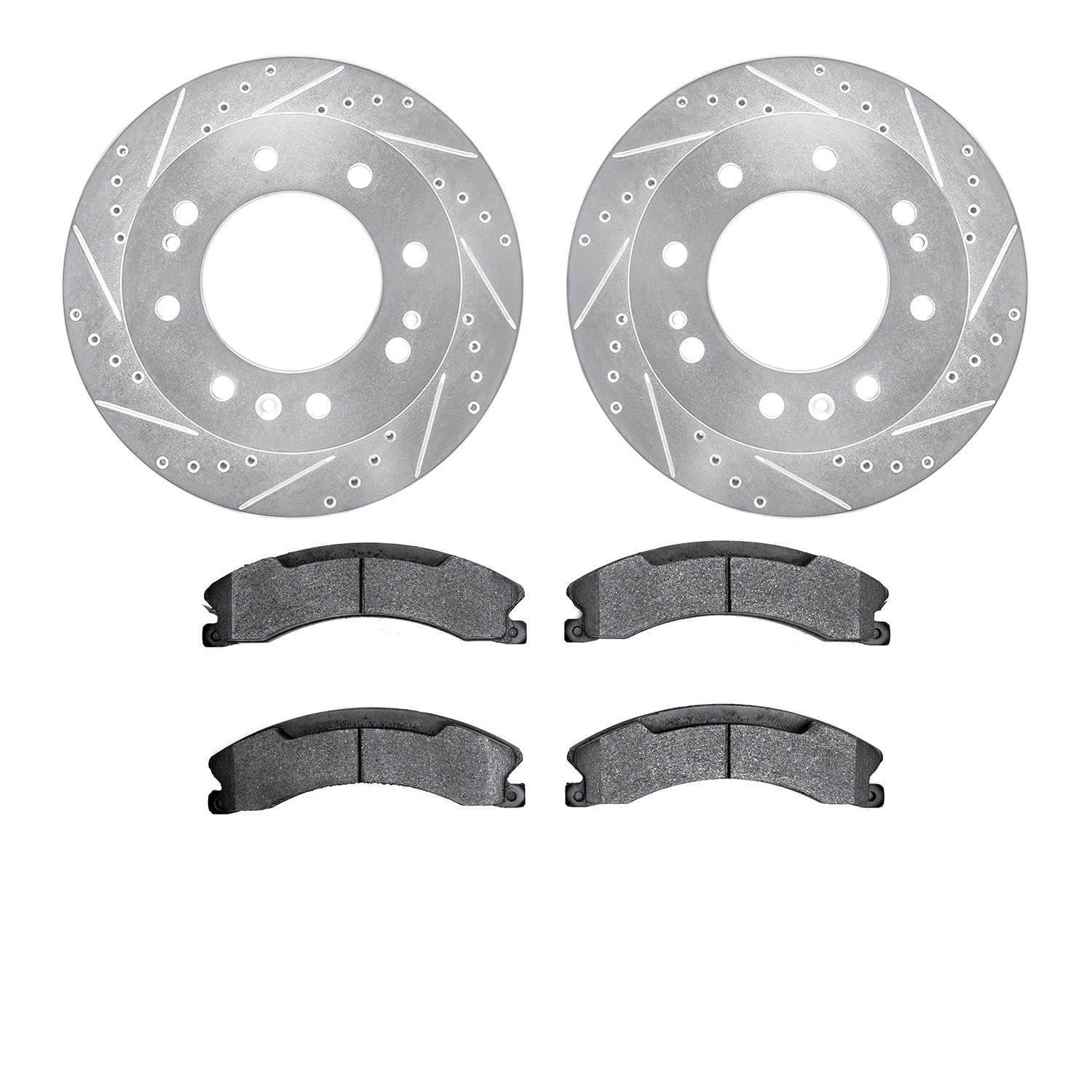 7202-48061 Drilled/Slotted Rotors w/Heavy-Duty Brake Pads Kit [Silver], 2011-2019 GM, Position: Front