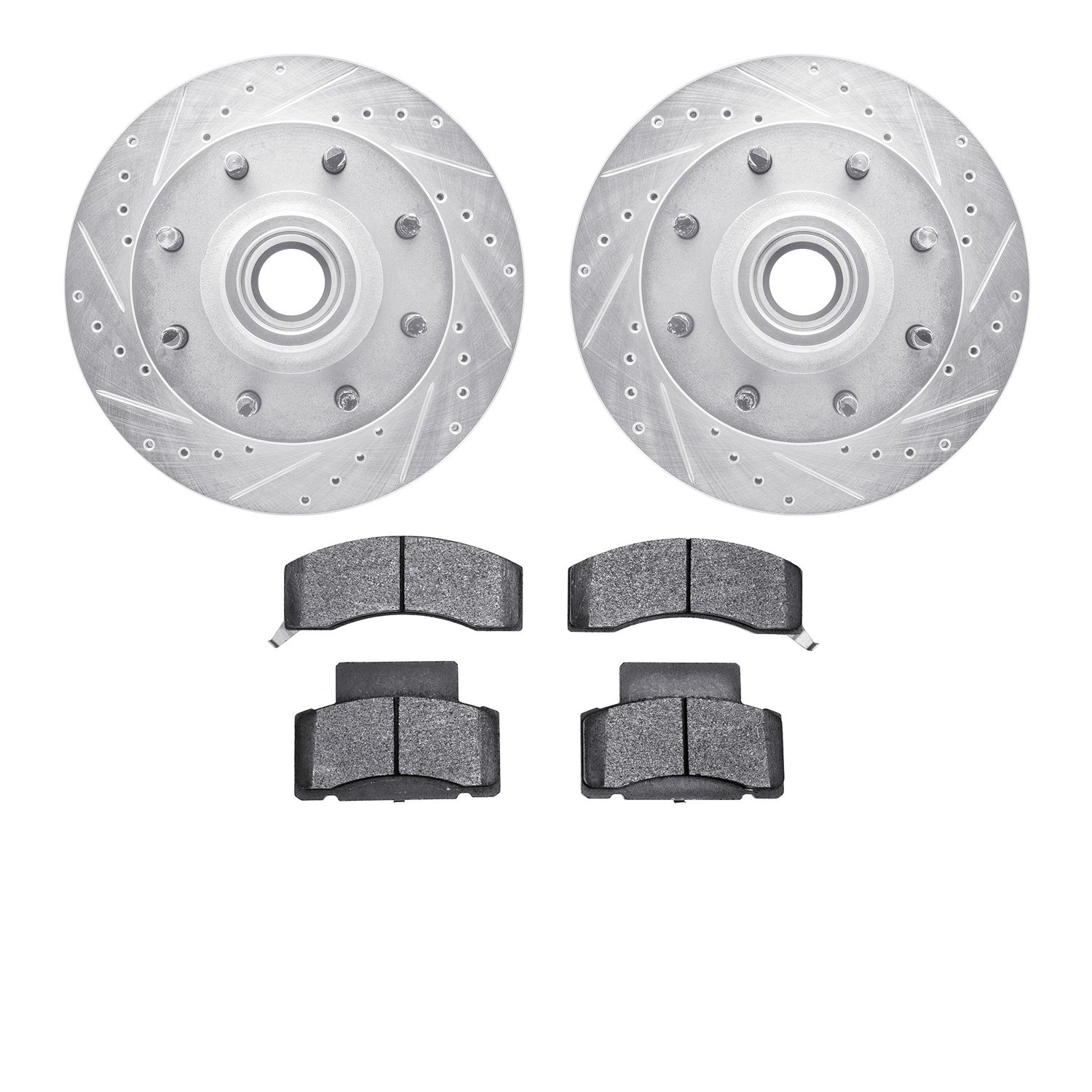 7202-48062 Drilled/Slotted Rotors w/Heavy-Duty Brake Pads Kit [Silver], 2001-2002 GM, Position: Front
