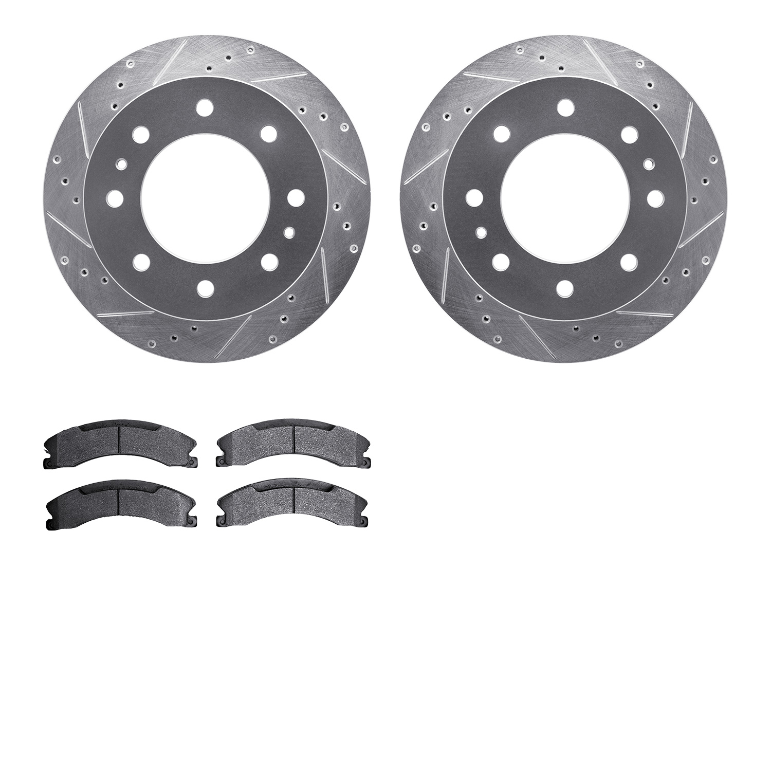 7202-48064 Drilled/Slotted Rotors w/Heavy-Duty Brake Pads Kit [Silver], 2011-2019 GM, Position: Rear