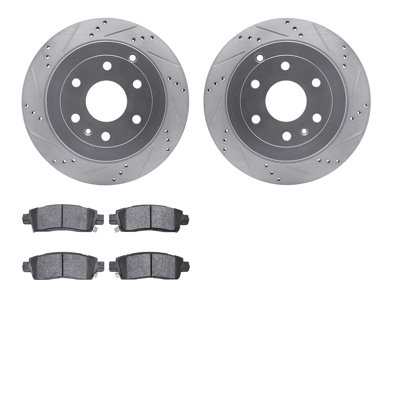 7202-48084 Drilled/Slotted Rotors w/Heavy-Duty Brake Pads Kit [Silver], 2007-2017 GM, Position: Rear