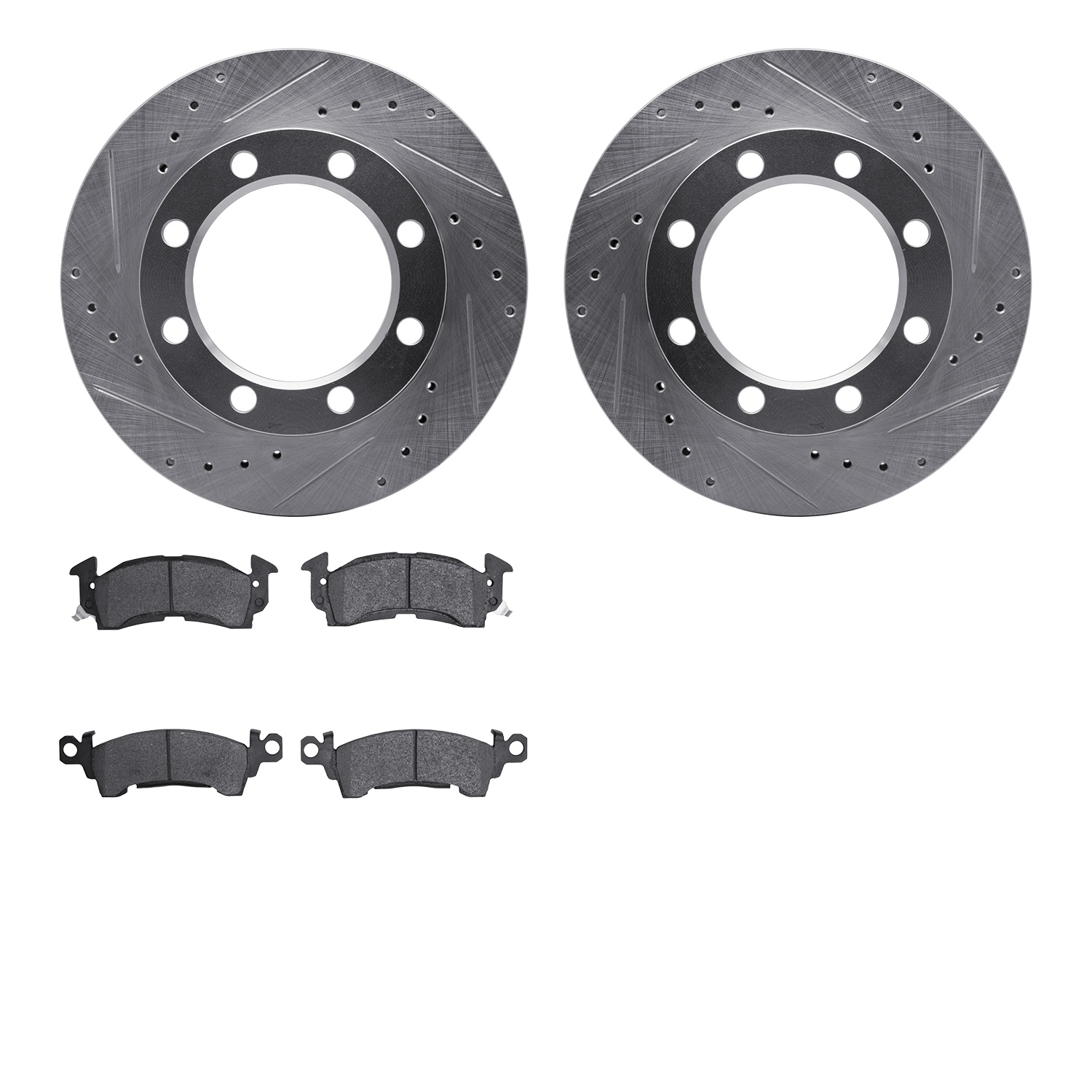 7202-48094 Drilled/Slotted Rotors w/Heavy-Duty Brake Pads Kit [Silver], 1971-1988 Multiple Makes/Models, Position: Front