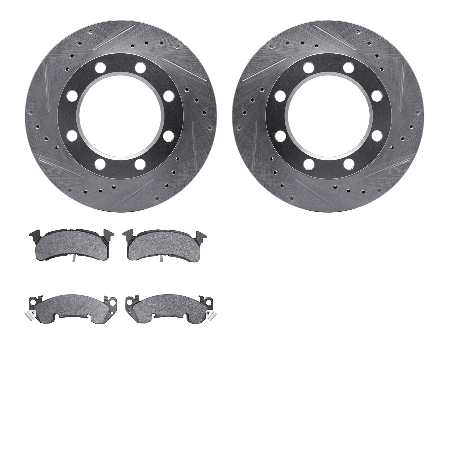 7202-48095 Drilled/Slotted Rotors w/Heavy-Duty Brake Pads Kit [Silver], 1979-1991 GM, Position: Front
