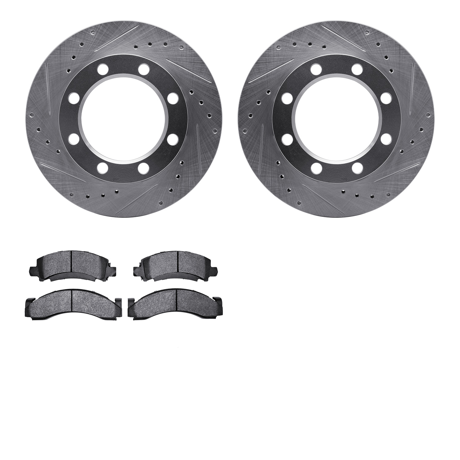 7202-48096 Drilled/Slotted Rotors w/Heavy-Duty Brake Pads Kit [Silver], 1971-1973 GM, Position: Front