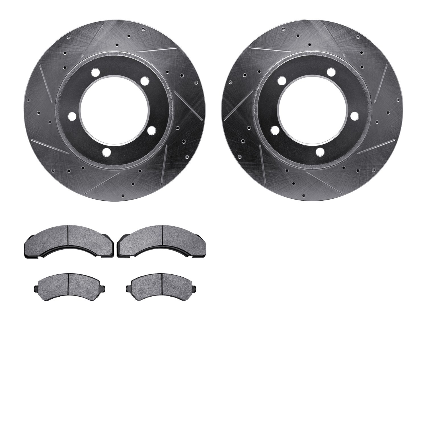 7202-48099 Drilled/Slotted Rotors w/Heavy-Duty Brake Pads Kit [Silver], 1998-1999 GM, Position: Front
