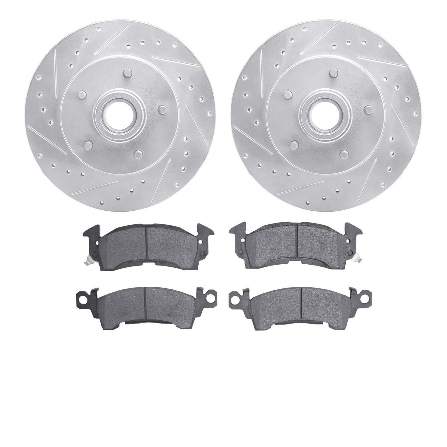 7202-51001 Drilled/Slotted Rotors w/Heavy-Duty Brake Pads Kit [Silver], 1991-1996 GM, Position: Front