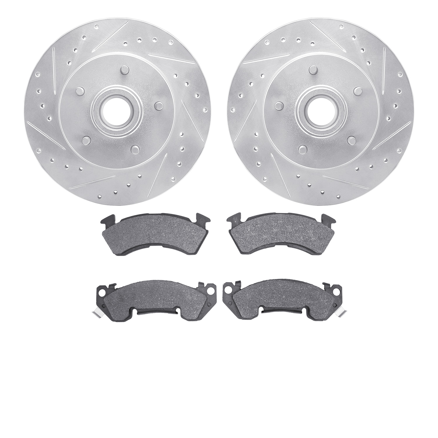 7202-51002 Drilled/Slotted Rotors w/Heavy-Duty Brake Pads Kit [Silver], 1991-1996 GM, Position: Front
