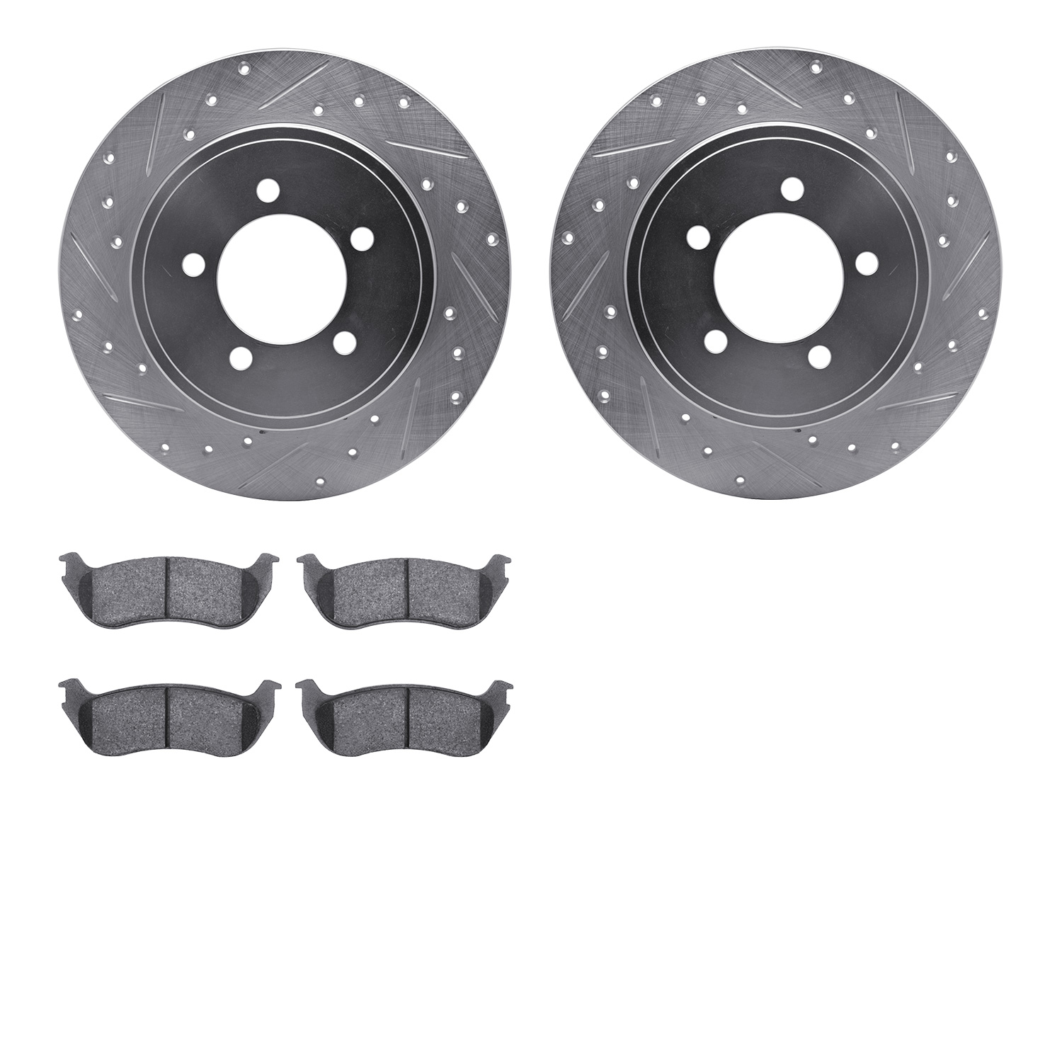 7202-54006 Drilled/Slotted Rotors w/Heavy-Duty Brake Pads Kit [Silver], 2002-2005 Ford/Lincoln/Mercury/Mazda, Position: Rear