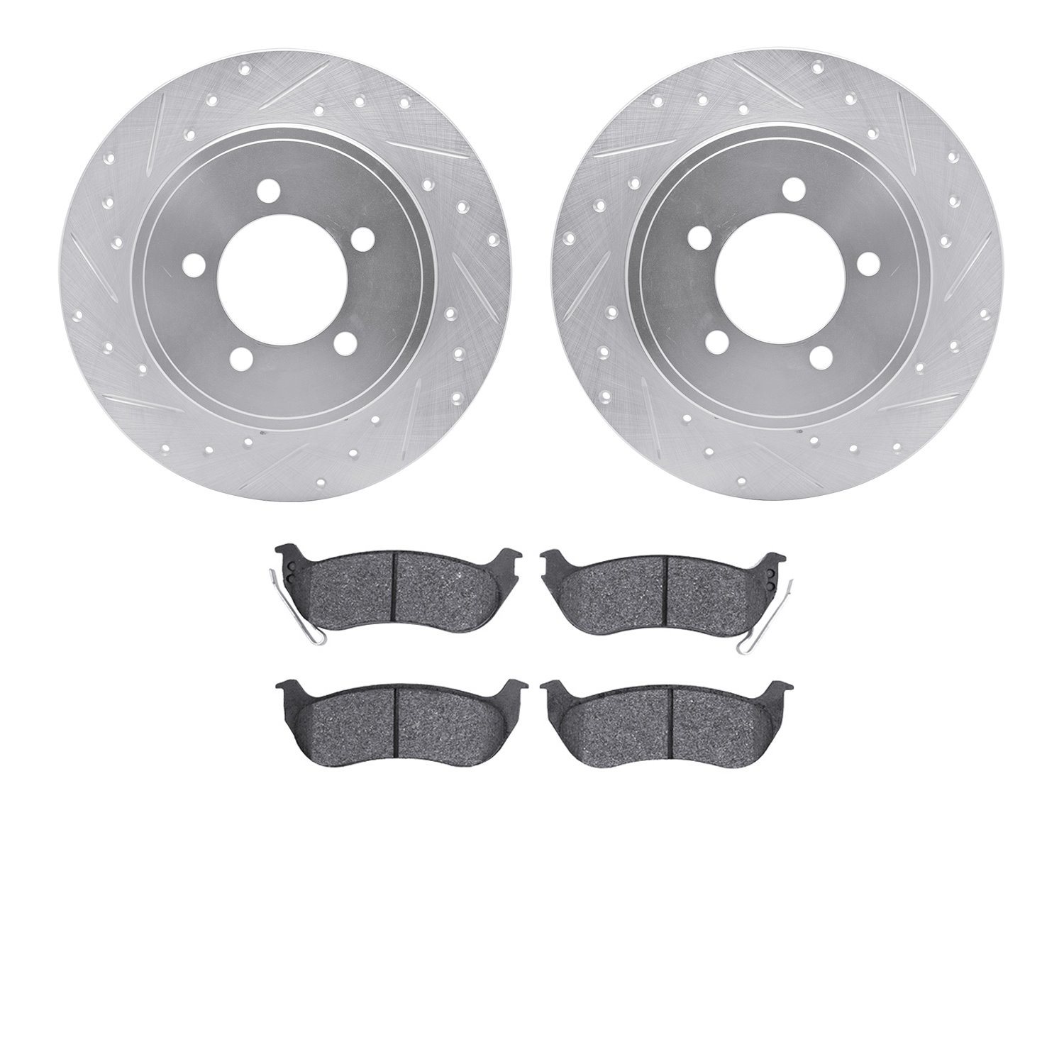7202-54007 Drilled/Slotted Rotors w/Heavy-Duty Brake Pads Kit [Silver], 2006-2010 Ford/Lincoln/Mercury/Mazda, Position: Rear