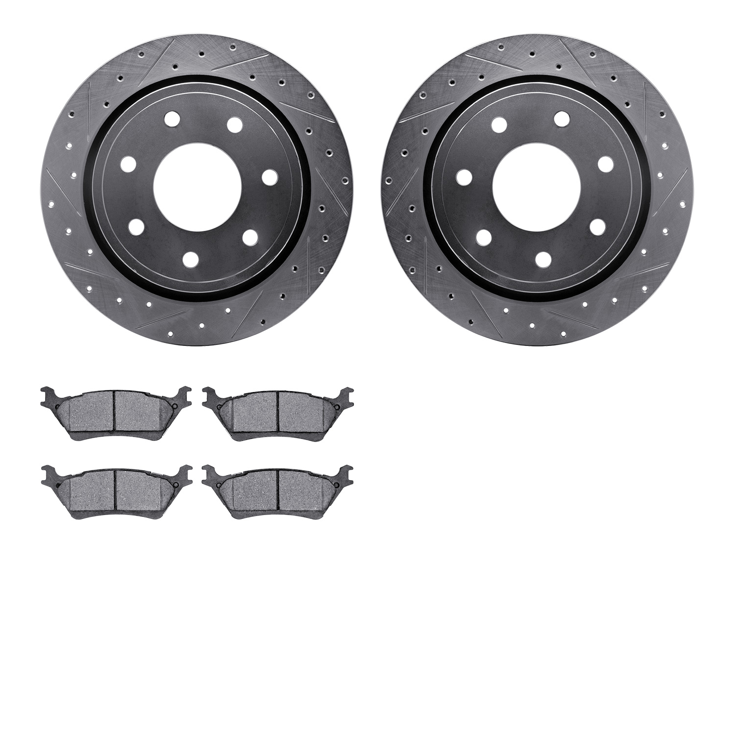 7202-54009 Drilled/Slotted Rotors w/Heavy-Duty Brake Pads Kit [Silver], 2012-2014 Ford/Lincoln/Mercury/Mazda, Position: Rear