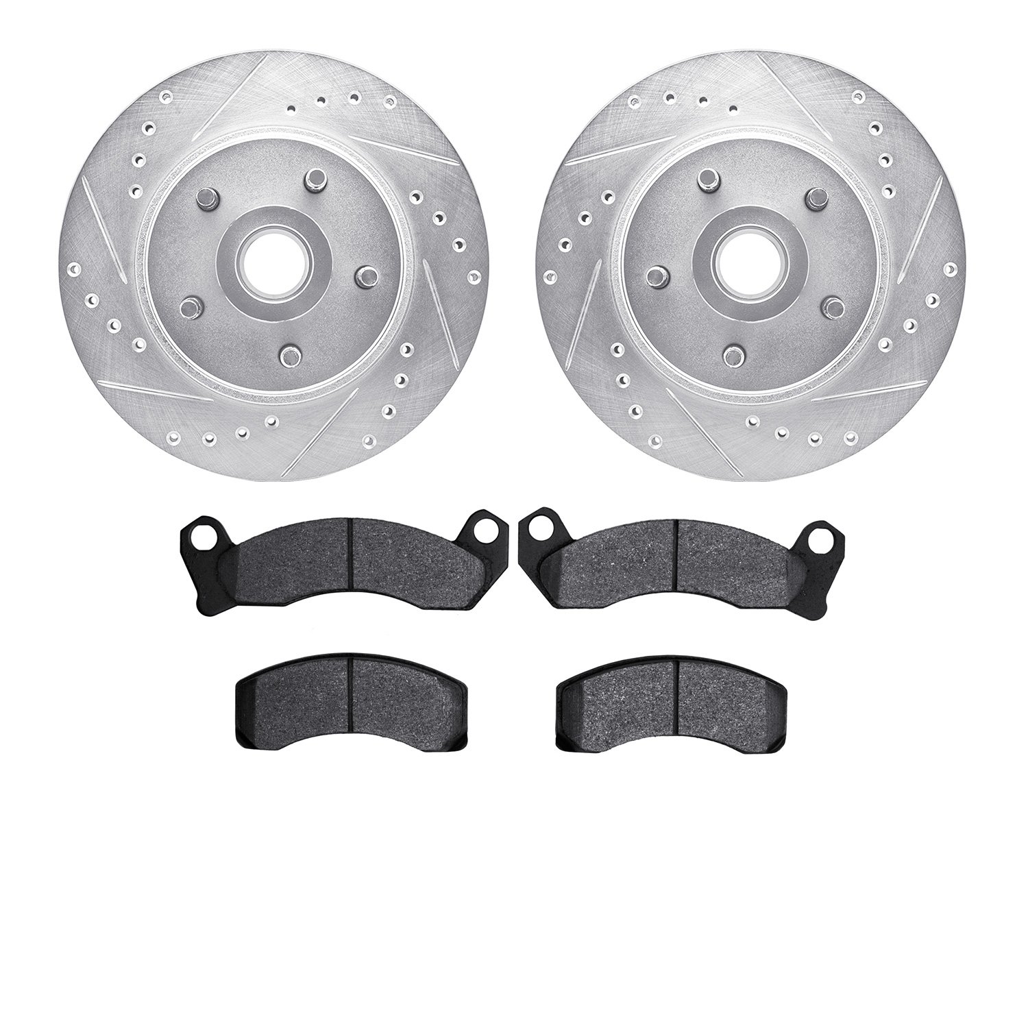 7202-54043 Drilled/Slotted Rotors w/Heavy-Duty Brake Pads Kit [Silver], 1982-1987 Ford/Lincoln/Mercury/Mazda, Position: Front