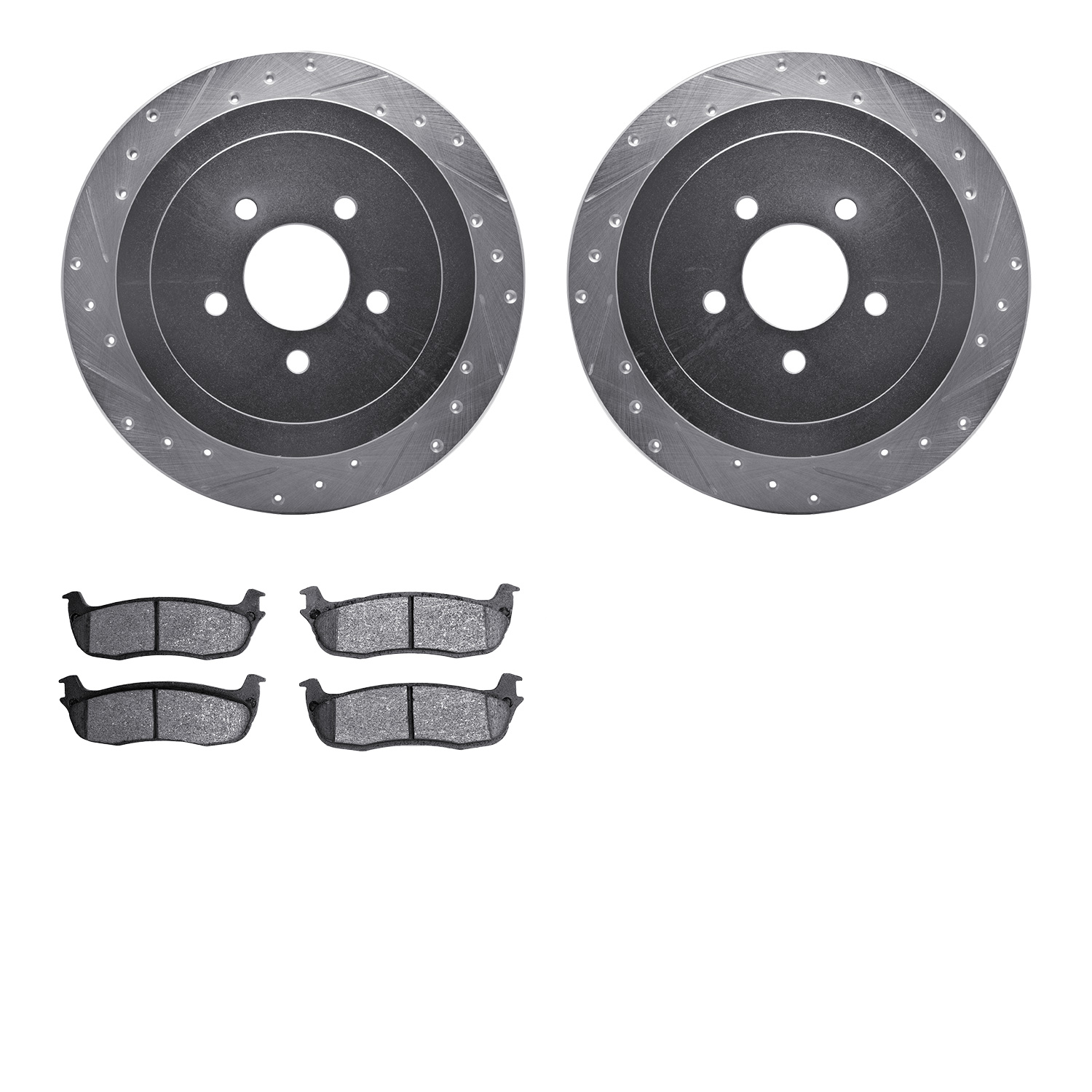 7202-55004 Drilled/Slotted Rotors w/Heavy-Duty Brake Pads Kit [Silver], 2003-2011 Ford/Lincoln/Mercury/Mazda, Position: Rear