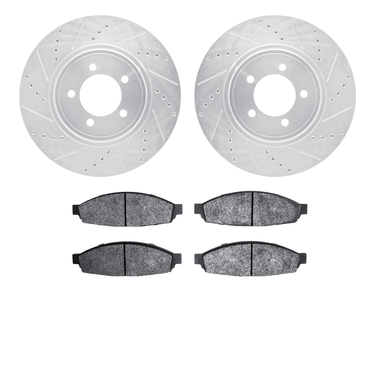7202-55005 Drilled/Slotted Rotors w/Heavy-Duty Brake Pads Kit [Silver], 2003-2005 Ford/Lincoln/Mercury/Mazda, Position: Front