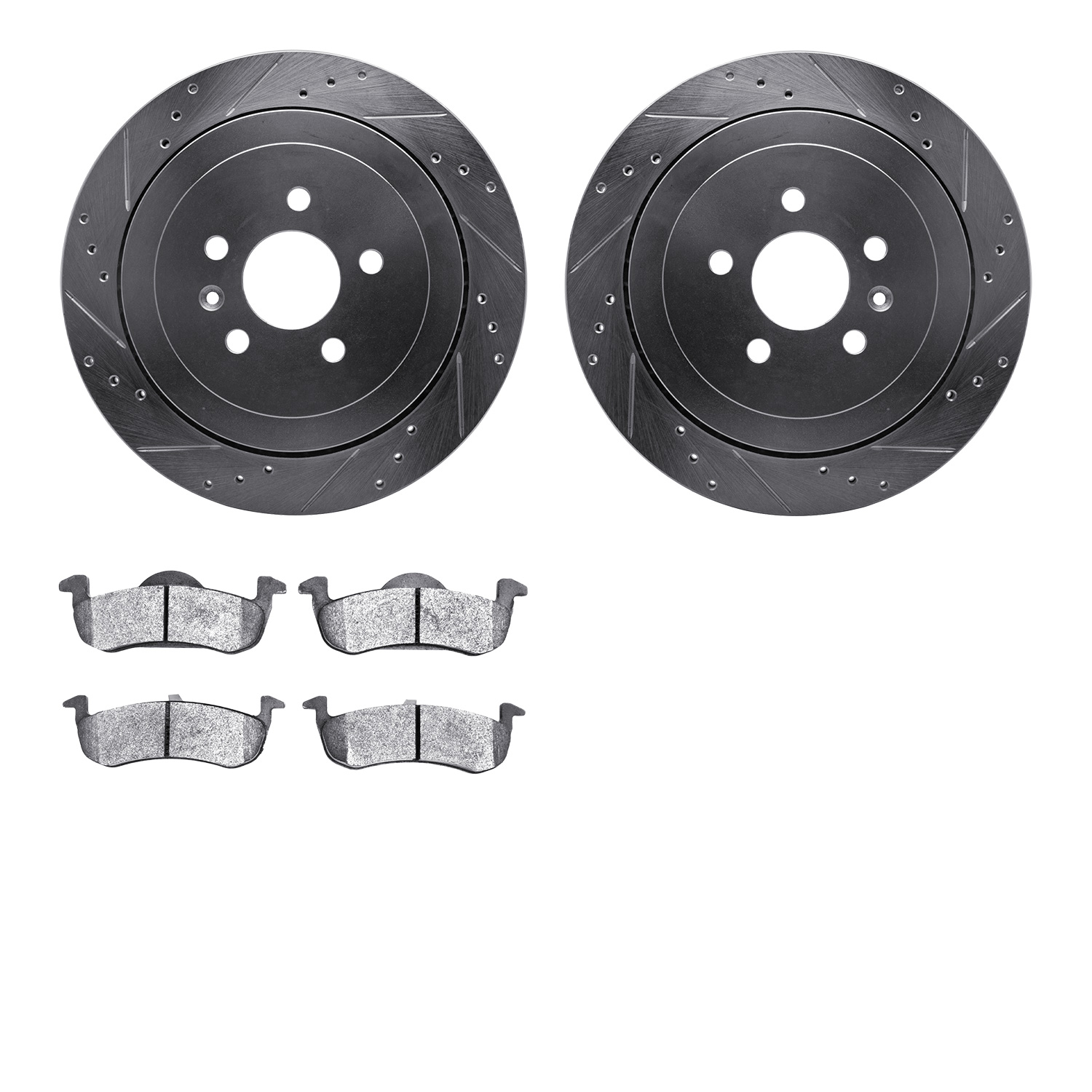 7202-55012 Drilled/Slotted Rotors w/Heavy-Duty Brake Pads Kit [Silver], 2013-2016 Ford/Lincoln/Mercury/Mazda, Position: Rear