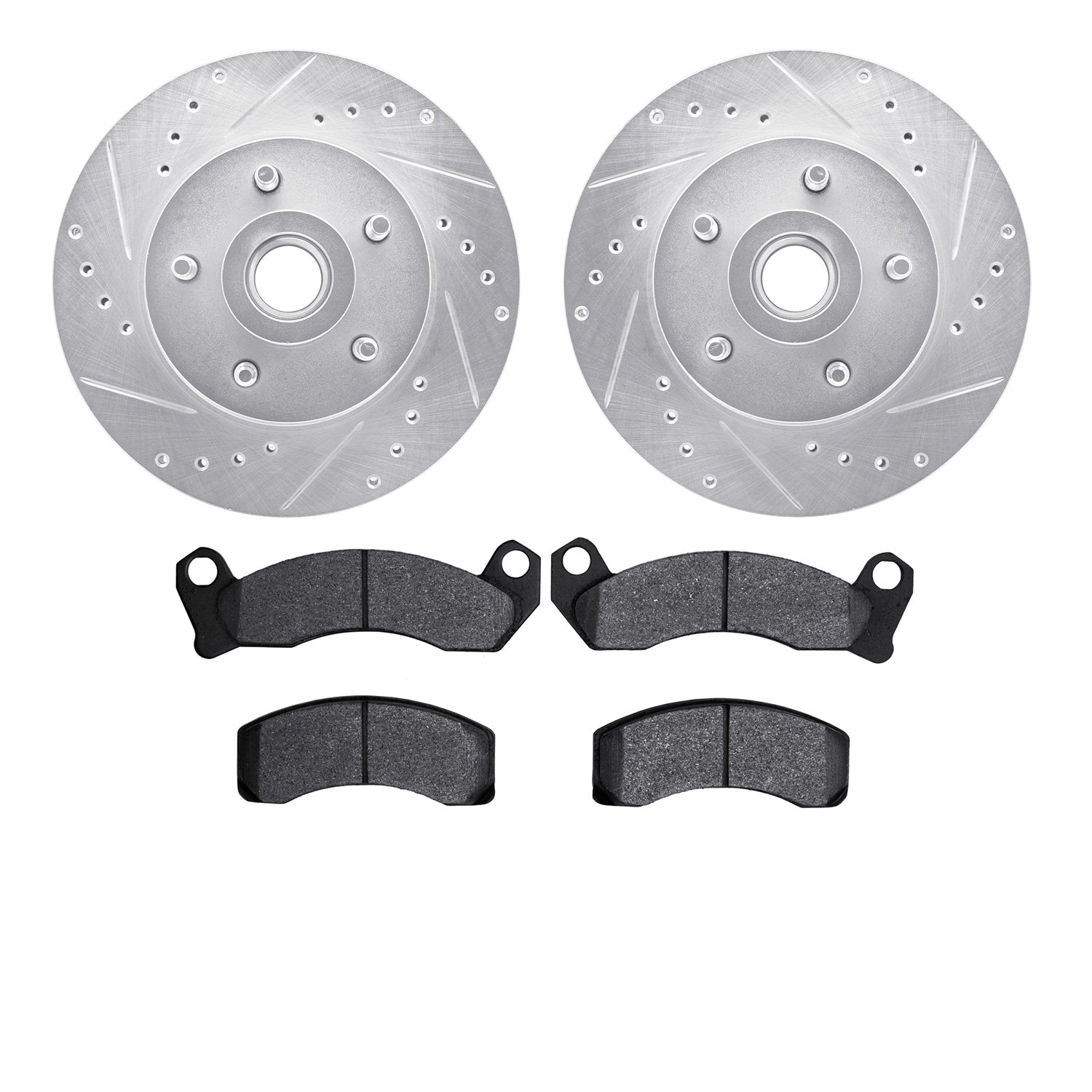 7202-56010 Drilled/Slotted Rotors w/Heavy-Duty Brake Pads Kit [Silver], 1981-1991 Ford/Lincoln/Mercury/Mazda, Position: Front