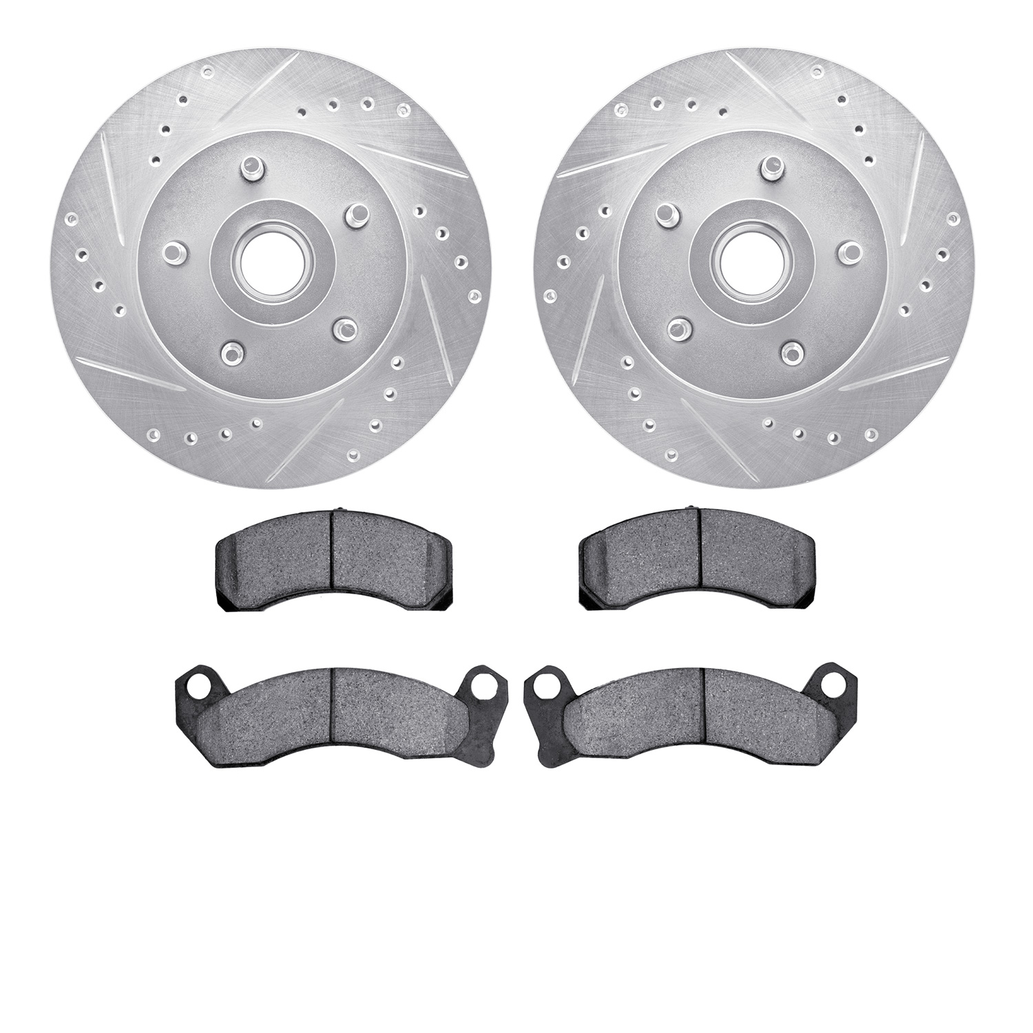 7202-56011 Drilled/Slotted Rotors w/Heavy-Duty Brake Pads Kit [Silver], 1979-1991 Ford/Lincoln/Mercury/Mazda, Position: Front