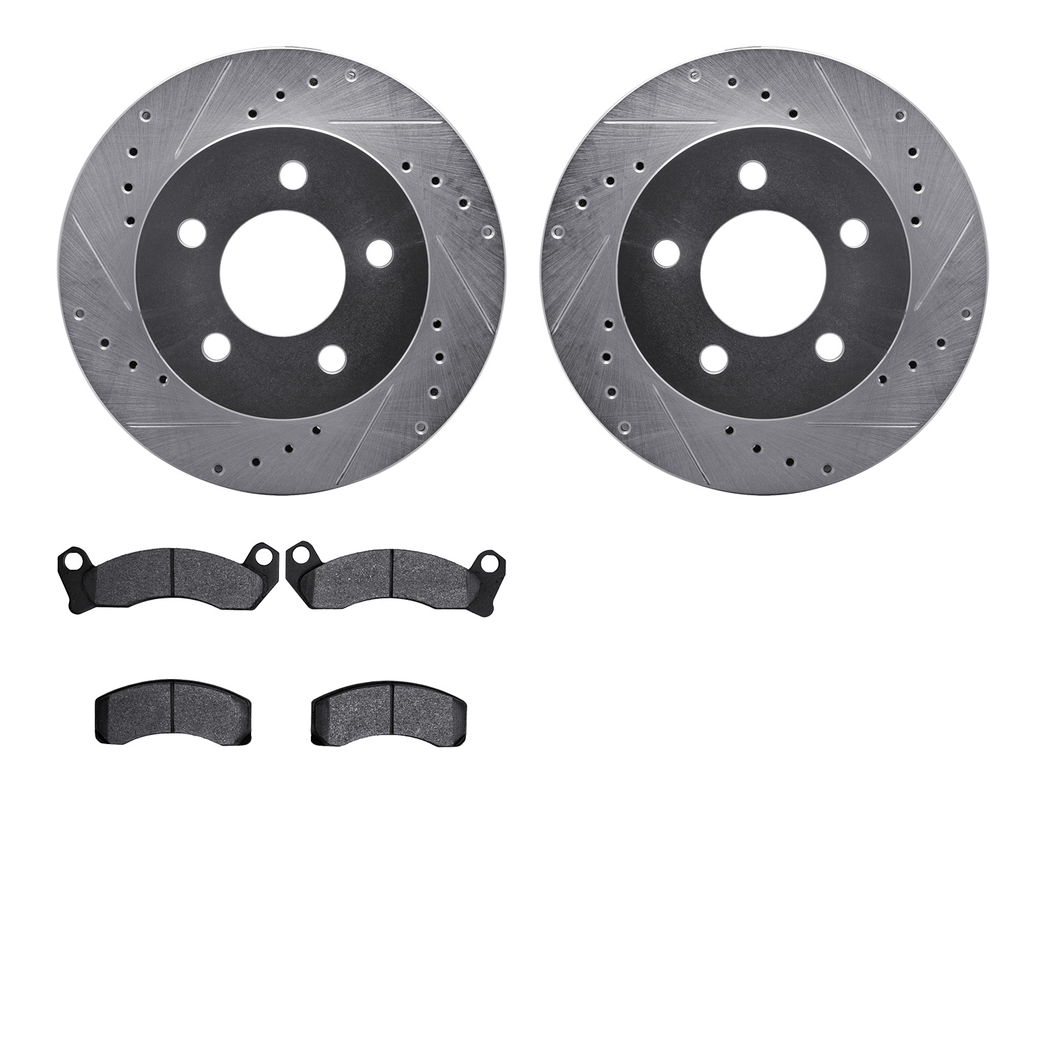 7202-56012 Drilled/Slotted Rotors w/Heavy-Duty Brake Pads Kit [Silver], 1991-1994 Ford/Lincoln/Mercury/Mazda, Position: Front