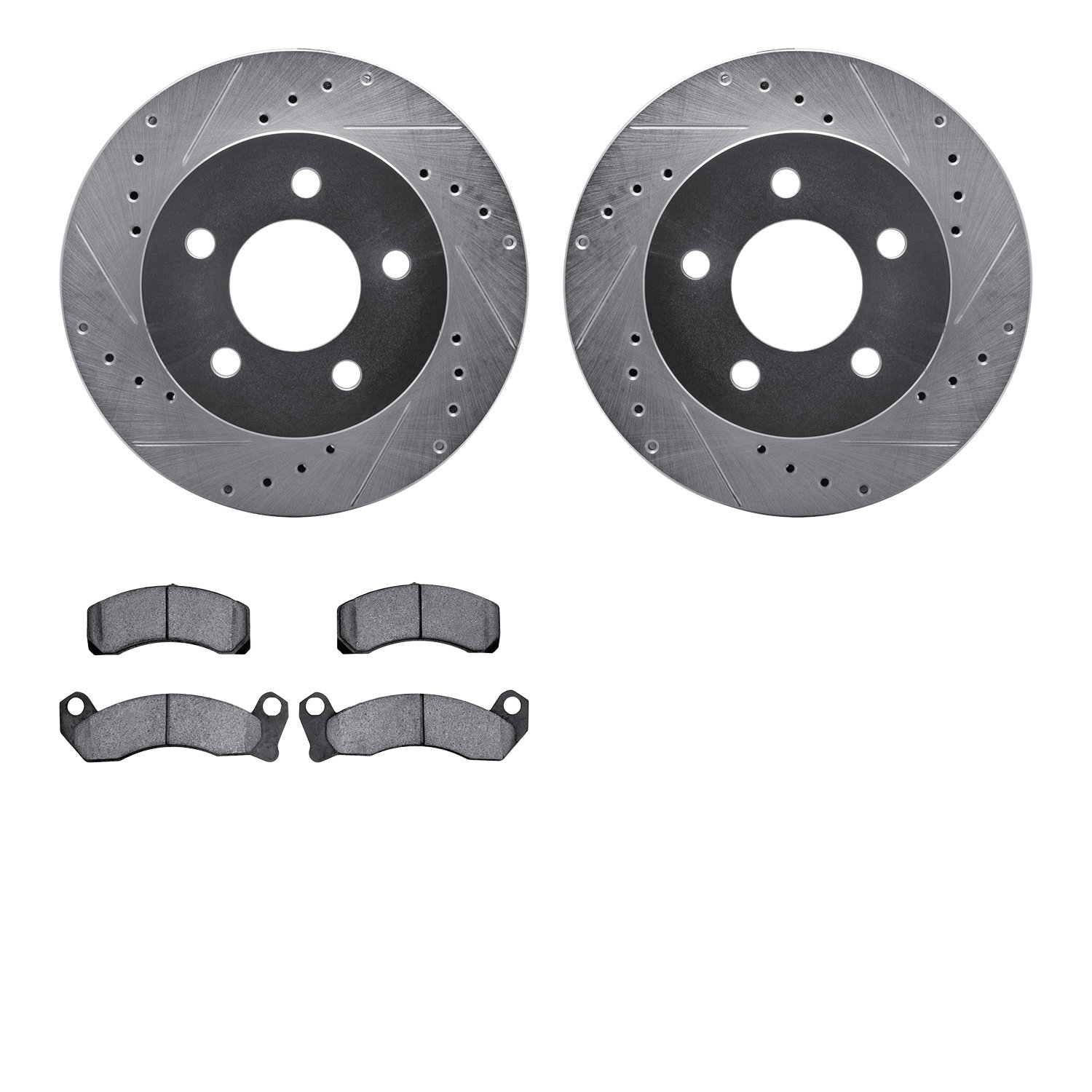 7202-56013 Drilled/Slotted Rotors w/Heavy-Duty Brake Pads Kit [Silver], 1991-1994 Ford/Lincoln/Mercury/Mazda, Position: Front