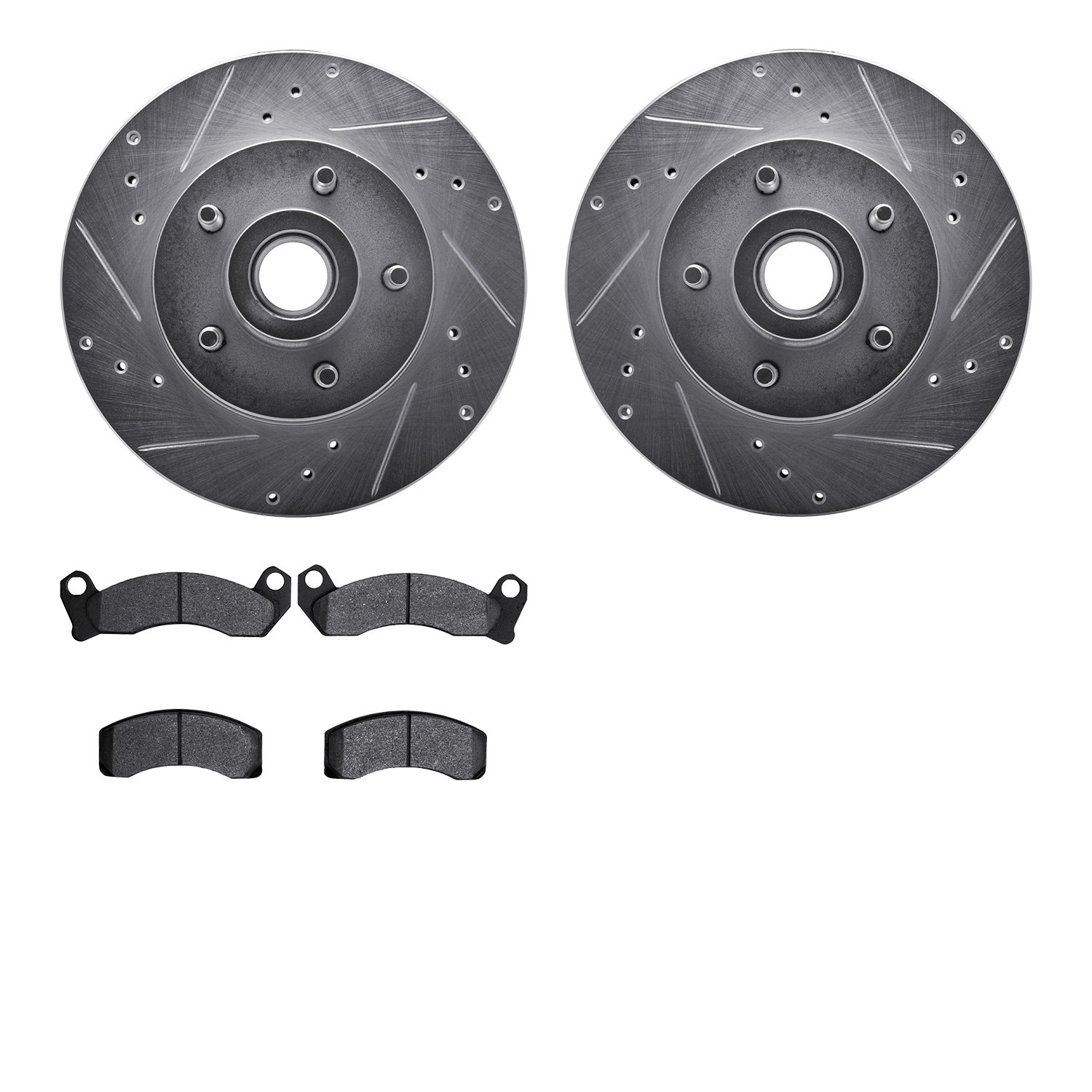 7202-56016 Drilled/Slotted Rotors w/Heavy-Duty Brake Pads Kit [Silver], 1990-1991 Ford/Lincoln/Mercury/Mazda, Position: Front
