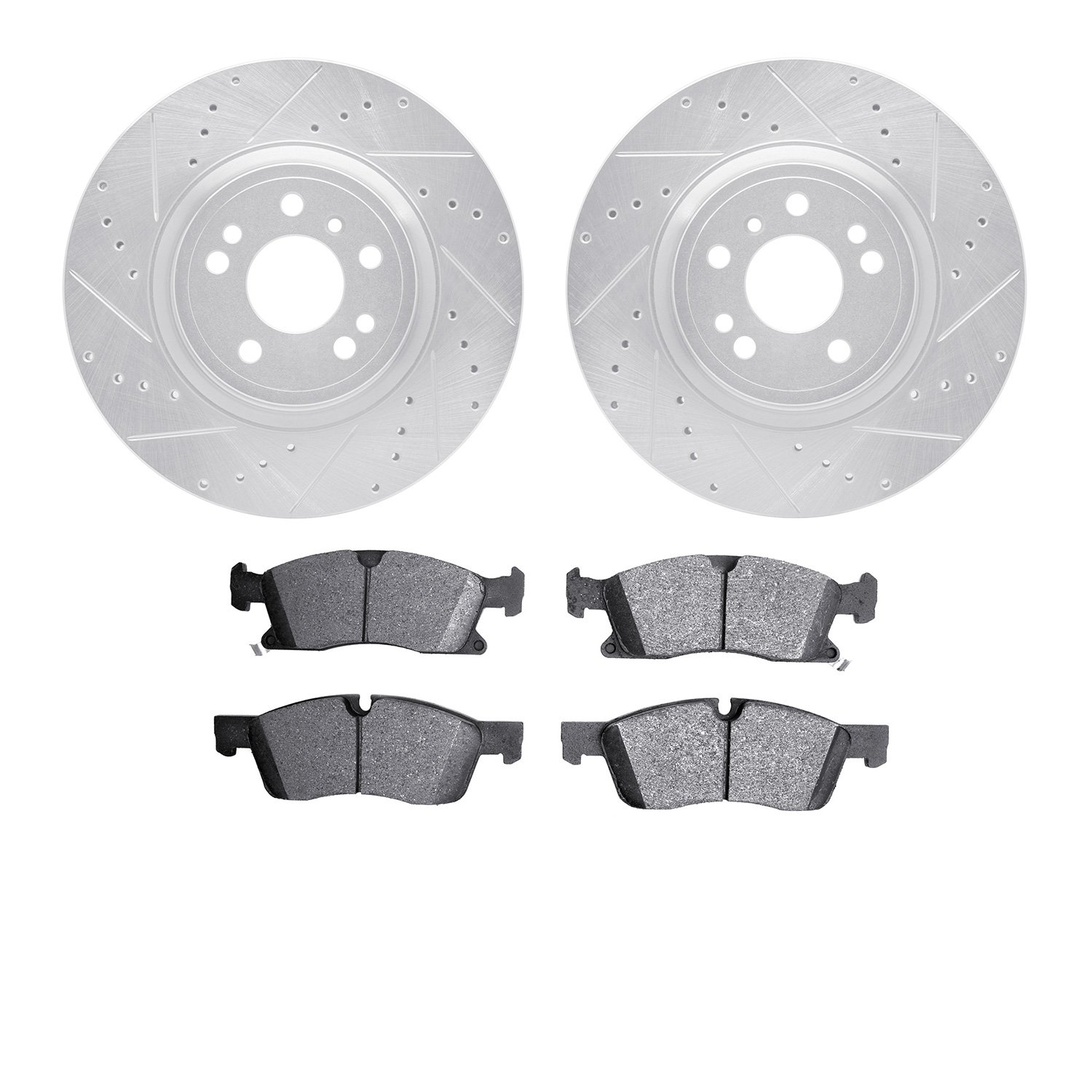 7202-63002 Drilled/Slotted Rotors w/Heavy-Duty Brake Pads Kit [Silver], 2012-2018 Mercedes-Benz, Position: Front