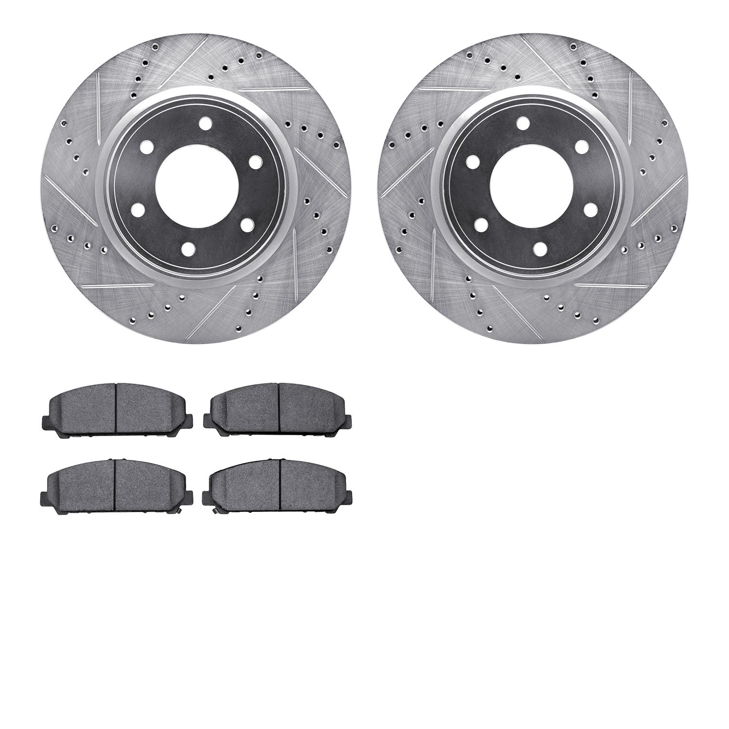 7202-67002 Drilled/Slotted Rotors w/Heavy-Duty Brake Pads Kit [Silver], Fits Select Infiniti/Nissan, Position: Front