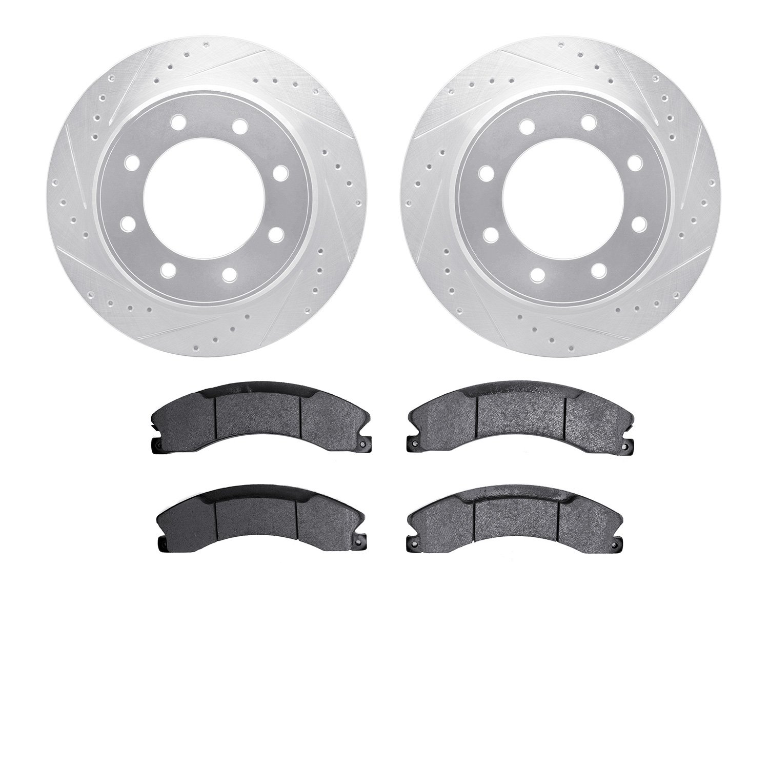 7202-67003 Drilled/Slotted Rotors w/Heavy-Duty Brake Pads Kit [Silver], 2012-2021 Infiniti/Nissan, Position: Rear