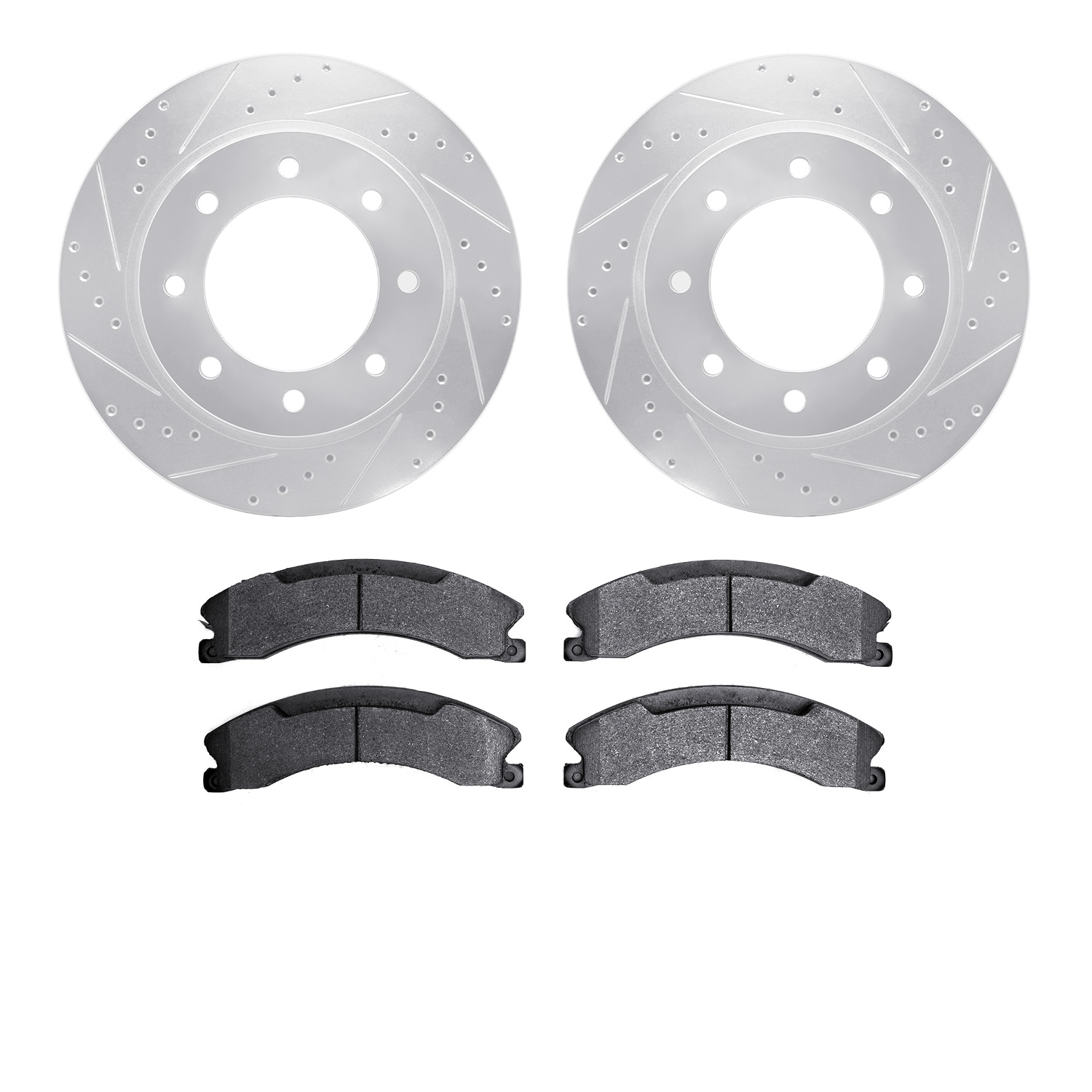 7202-67004 Drilled/Slotted Rotors w/Heavy-Duty Brake Pads Kit [Silver], 2012-2021 Infiniti/Nissan, Position: Front