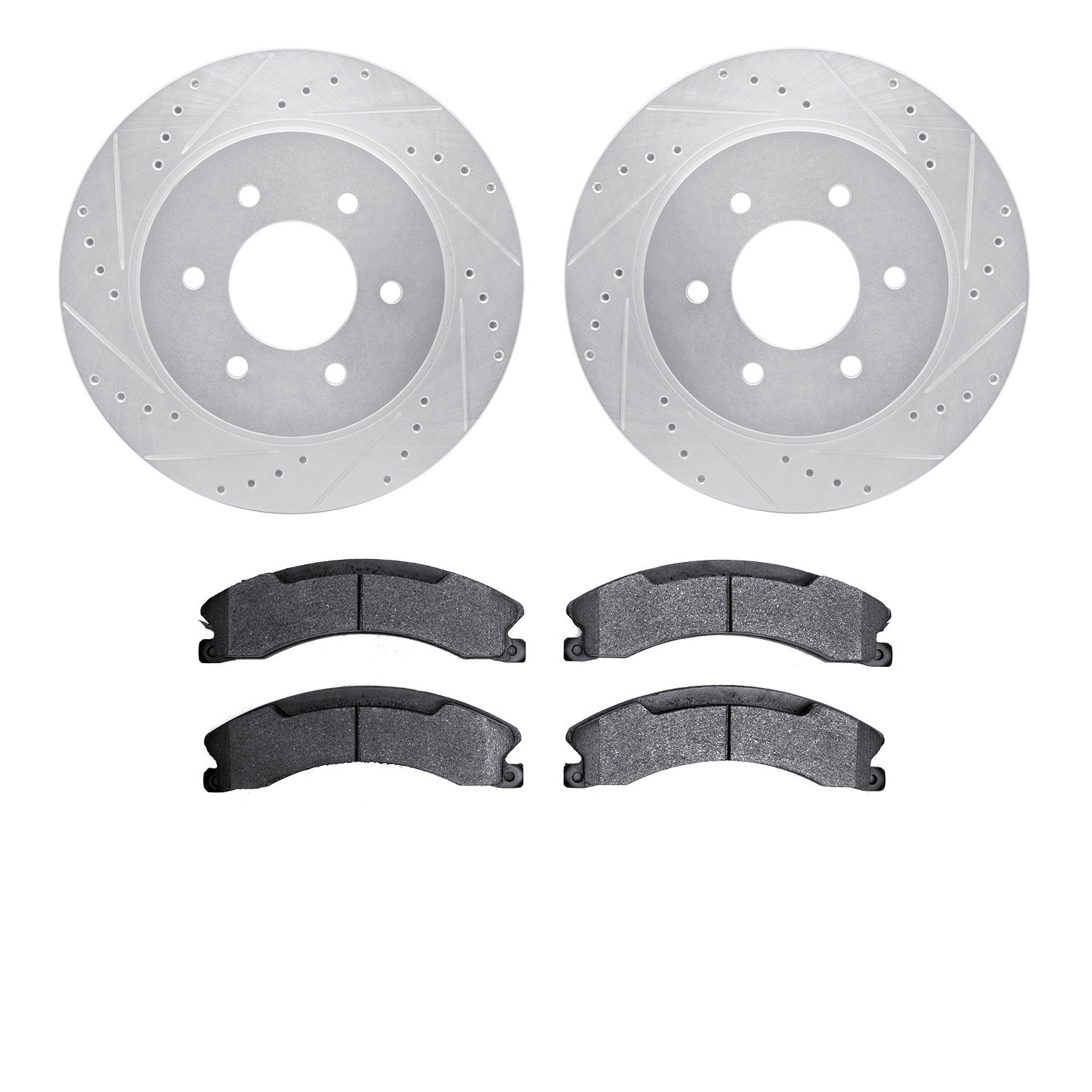 7202-67005 Drilled/Slotted Rotors w/Heavy-Duty Brake Pads Kit [Silver], Fits Select Infiniti/Nissan, Position: Front