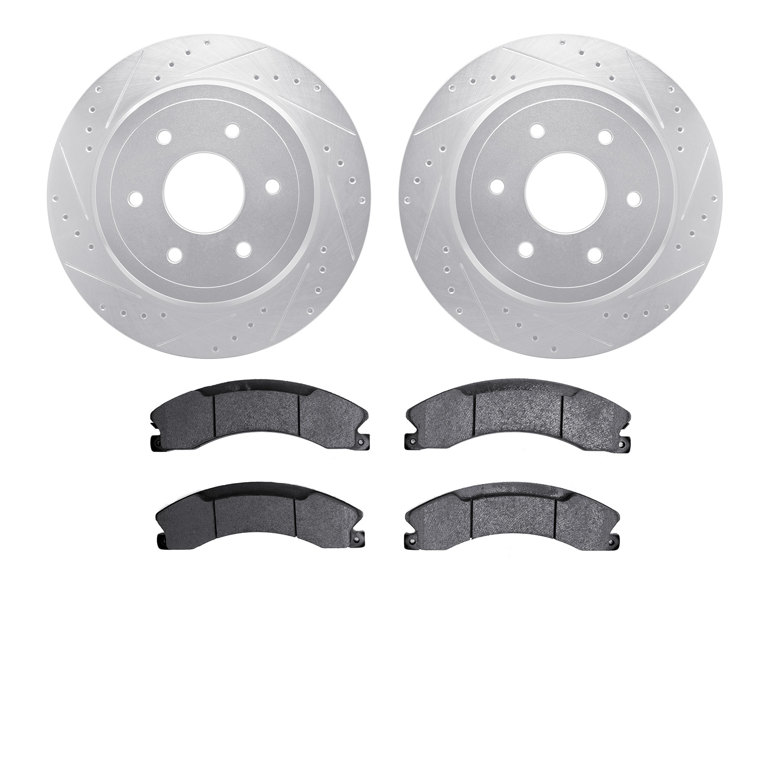 7202-67006 Drilled/Slotted Rotors w/Heavy-Duty Brake Pads Kit [Silver], Fits Select Infiniti/Nissan, Position: Rear