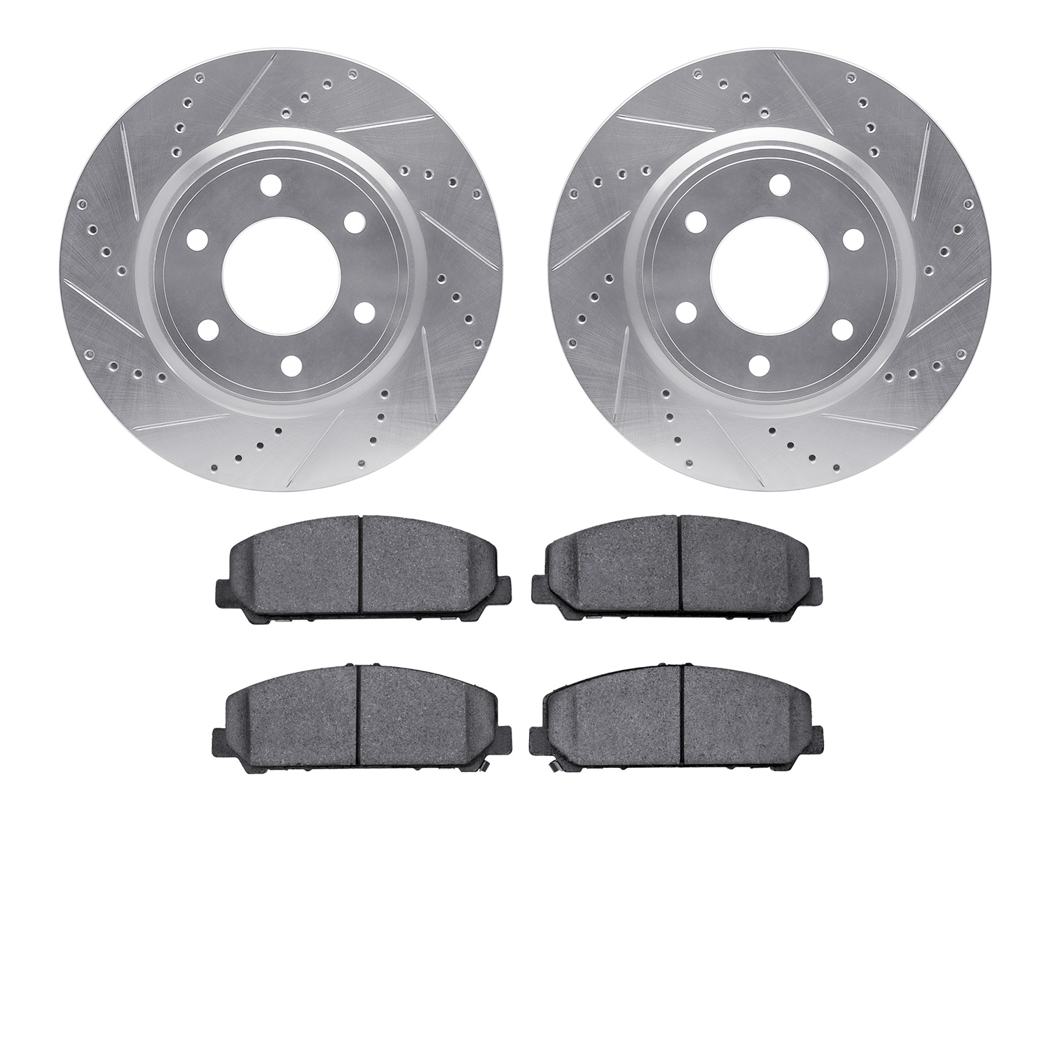 7202-68001 Drilled/Slotted Rotors w/Heavy-Duty Brake Pads Kit [Silver], Fits Select Infiniti/Nissan, Position: Front