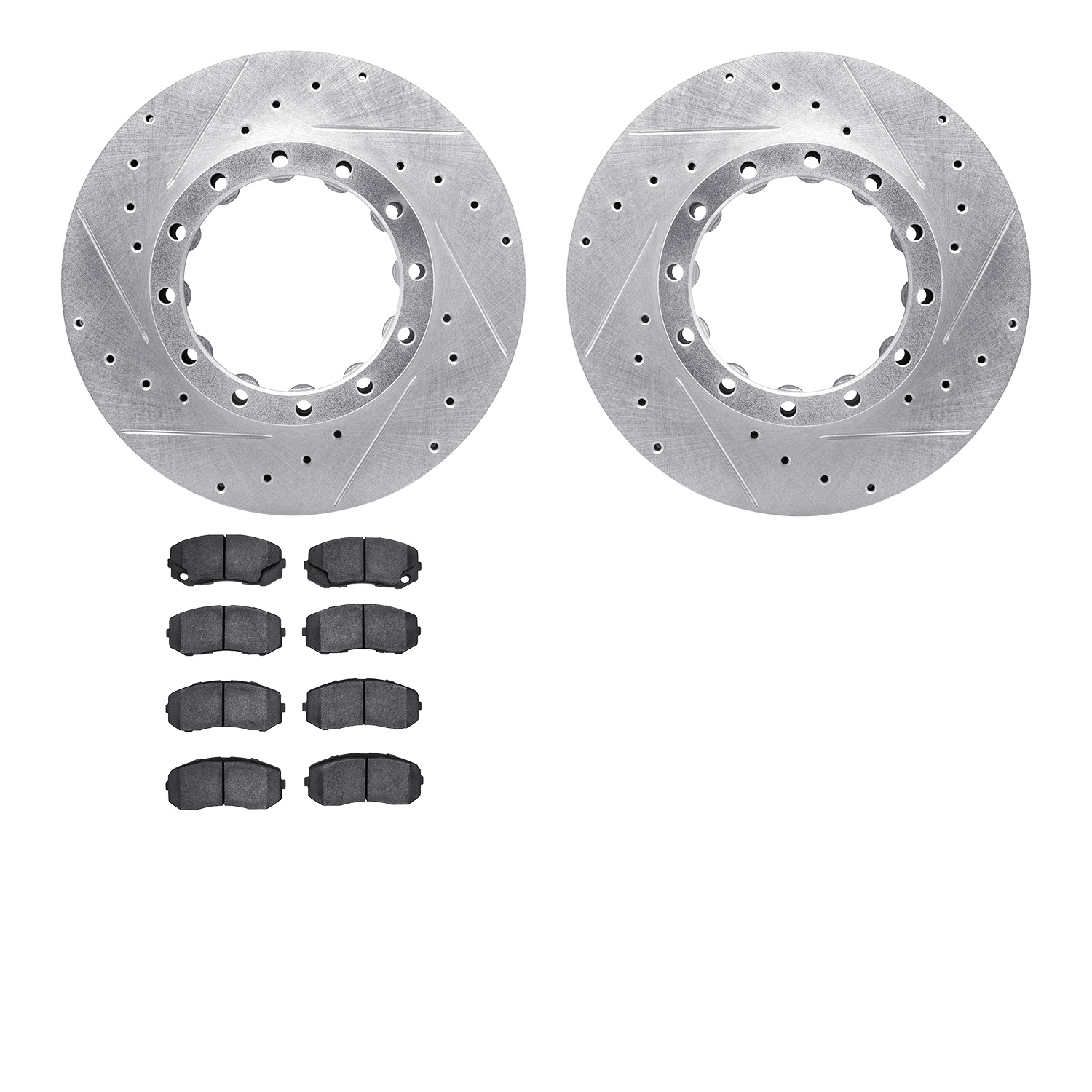 7202-72093 Drilled/Slotted Rotors w/Heavy-Duty Brake Pads Kit [Silver], 2010-2011 Freightliner, Position: Rear