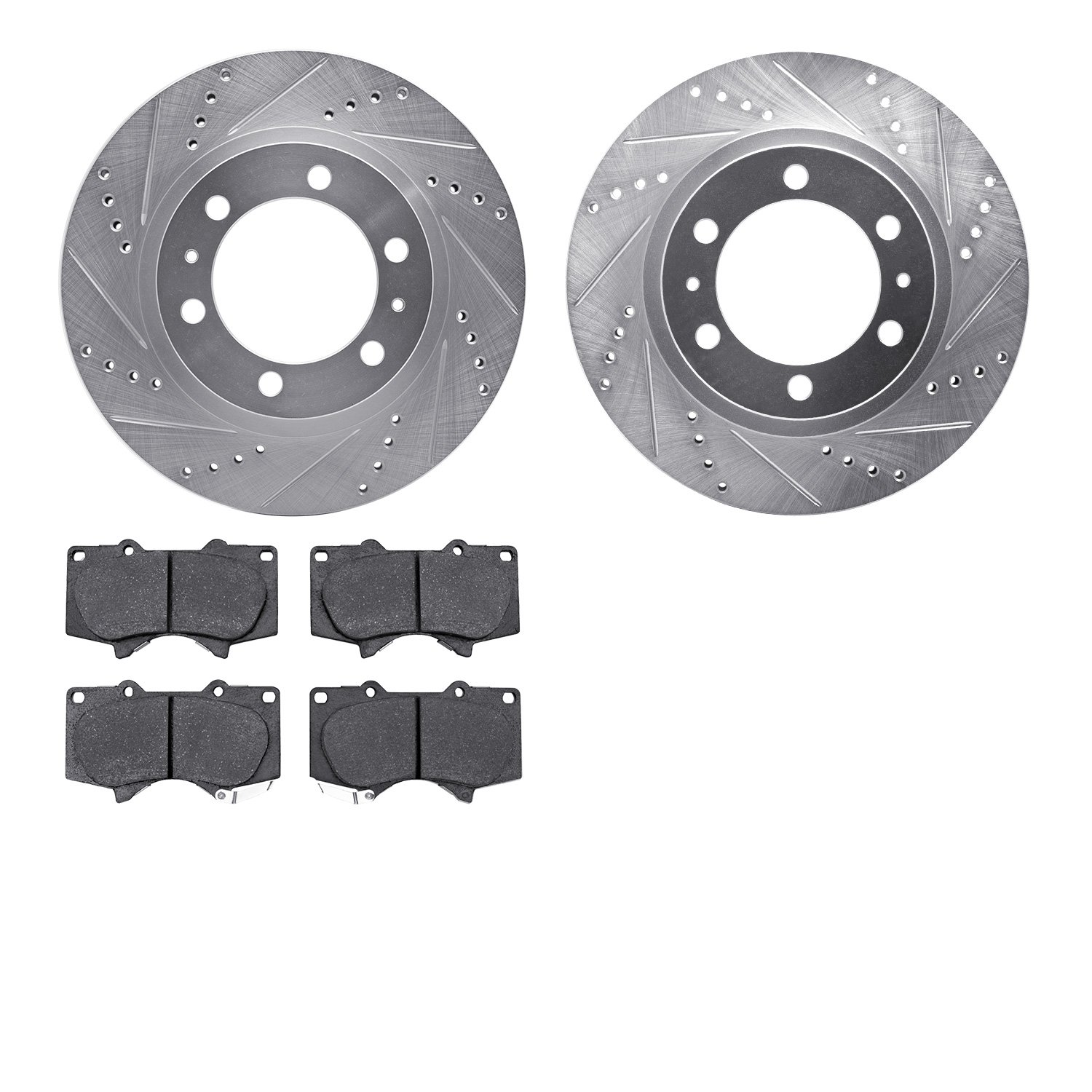 7202-76004 Drilled/Slotted Rotors w/Heavy-Duty Brake Pads Kit [Silver], Fits Select Lexus/Toyota/Scion, Position: Front