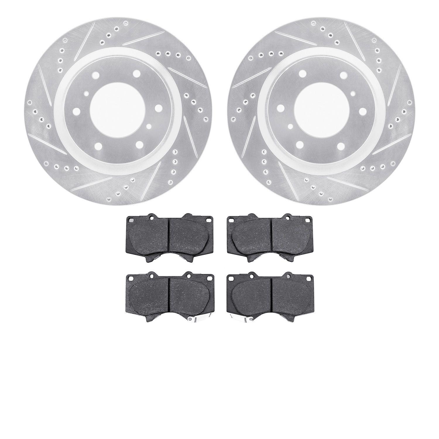 7202-92001 Drilled/Slotted Rotors w/Heavy-Duty Brake Pads Kit [Silver], 2008-2017 Mitsubishi, Position: Front