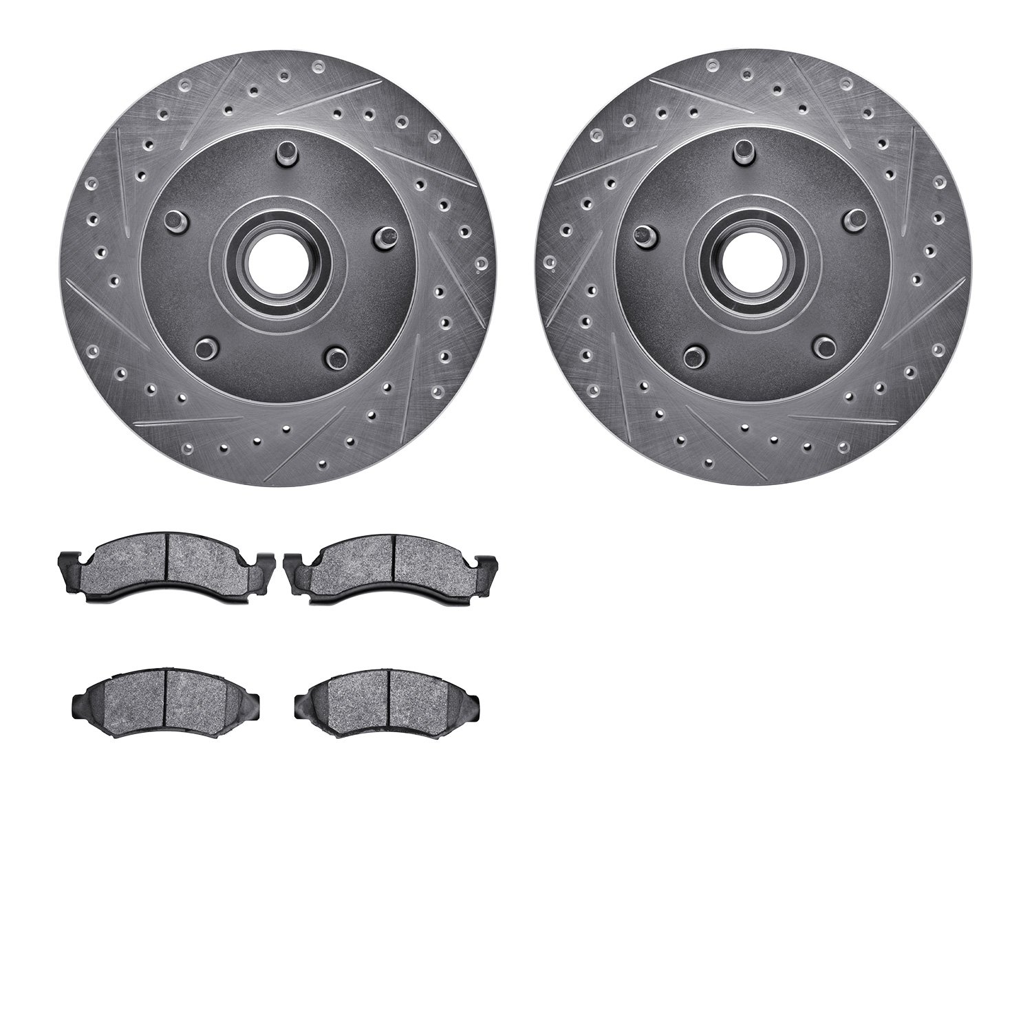 7202-99080 Drilled/Slotted Rotors w/Heavy-Duty Brake Pads Kit [Silver], 1986-1993 Ford/Lincoln/Mercury/Mazda, Position: Front