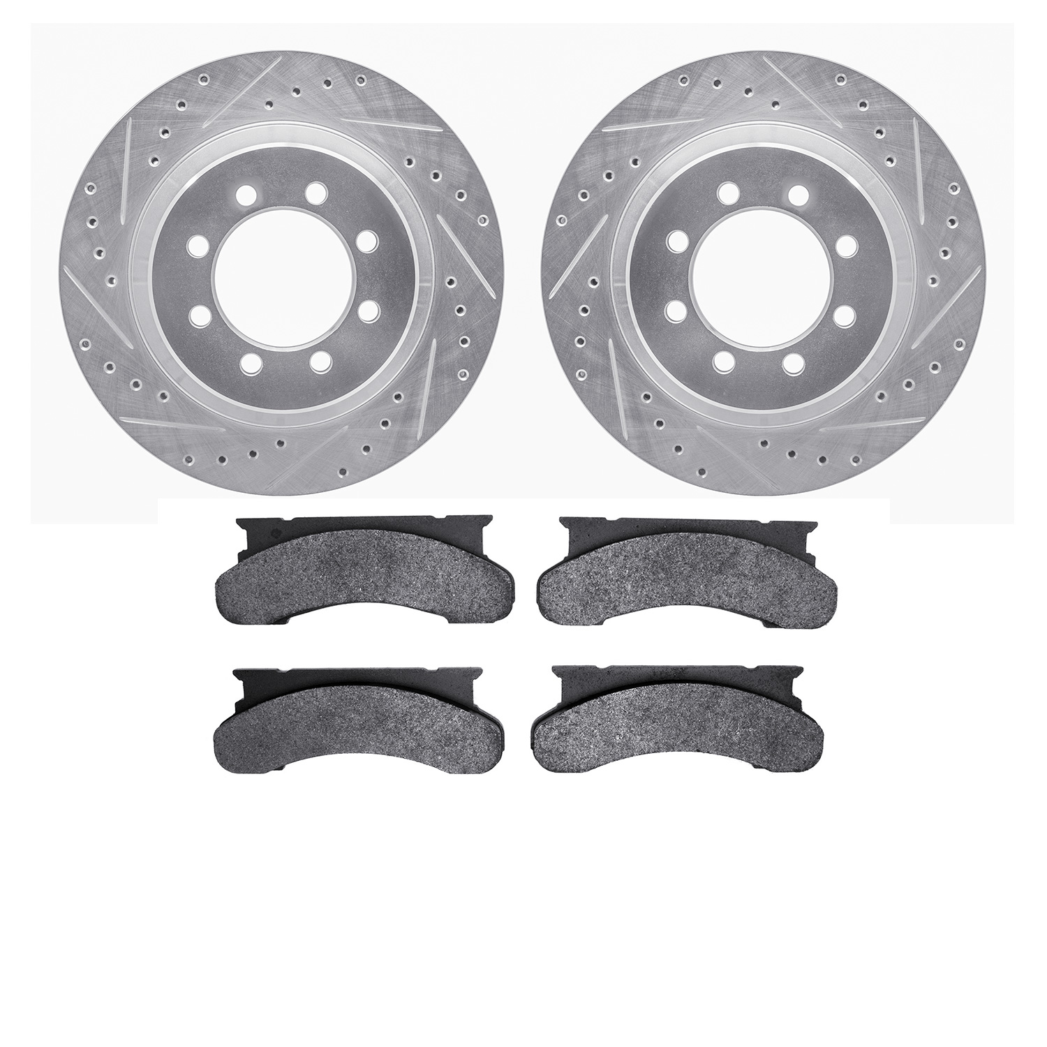 7202-99083 Drilled/Slotted Rotors w/Heavy-Duty Brake Pads Kit [Silver], 1975-1994 Ford/Lincoln/Mercury/Mazda, Position: Front