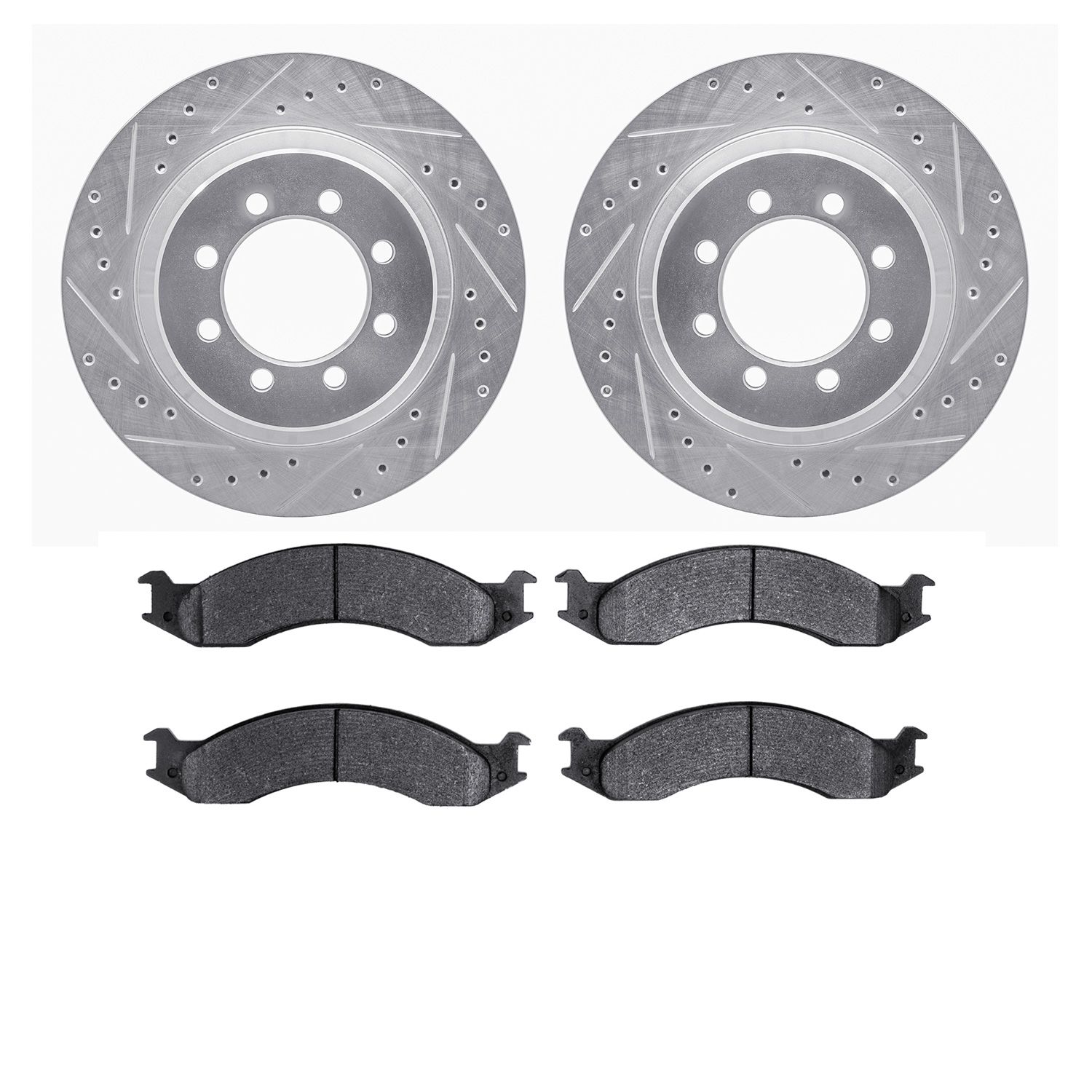 7202-99084 Drilled/Slotted Rotors w/Heavy-Duty Brake Pads Kit [Silver], 1992-1994 Ford/Lincoln/Mercury/Mazda, Position: Front