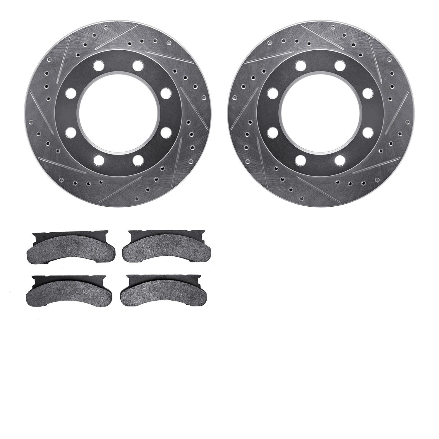 7202-99085 Drilled/Slotted Rotors w/Heavy-Duty Brake Pads Kit [Silver], 1976-1979 Ford/Lincoln/Mercury/Mazda, Position: Front