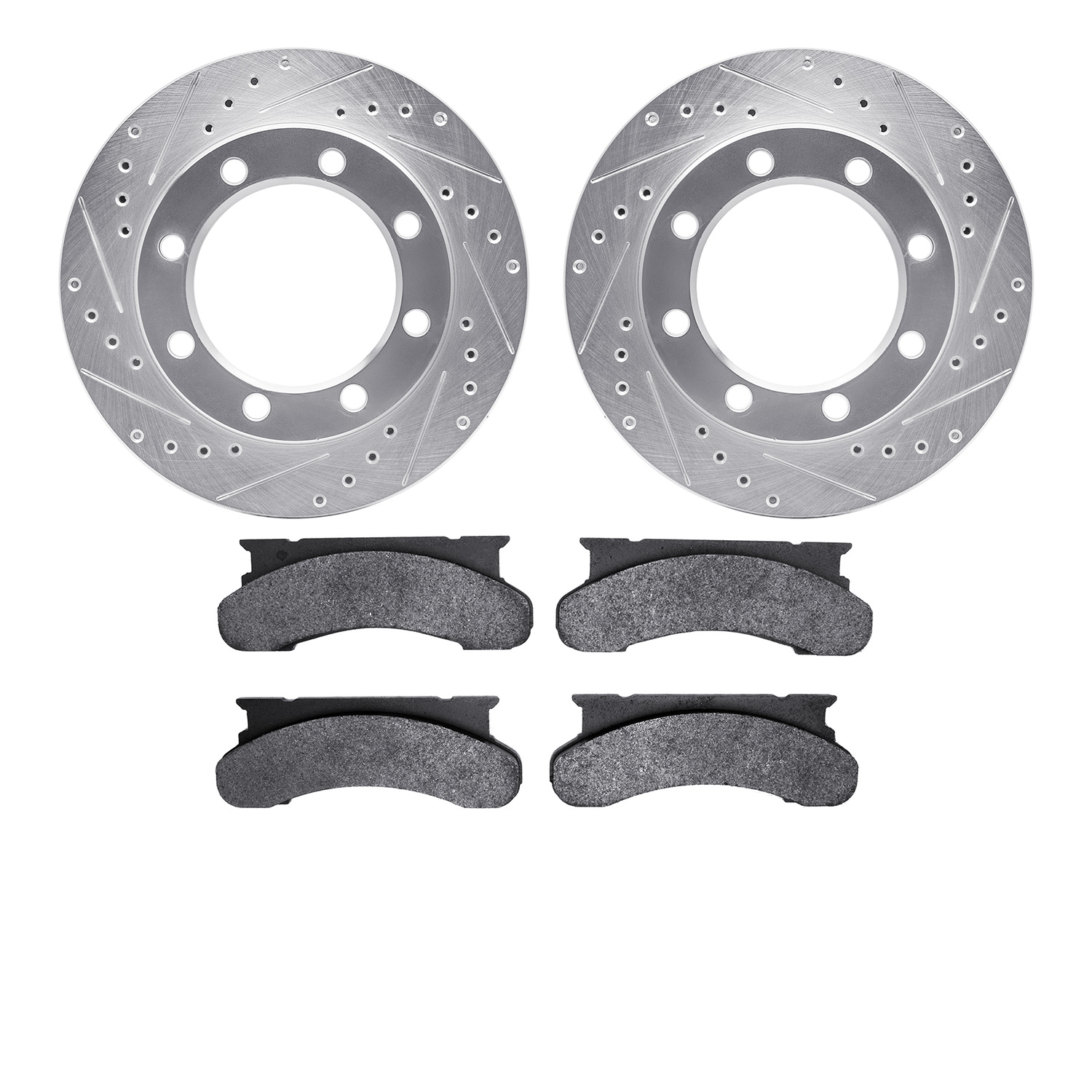 7202-99089 Drilled/Slotted Rotors w/Heavy-Duty Brake Pads Kit [Silver], 1980-1994 Ford/Lincoln/Mercury/Mazda, Position: Front
