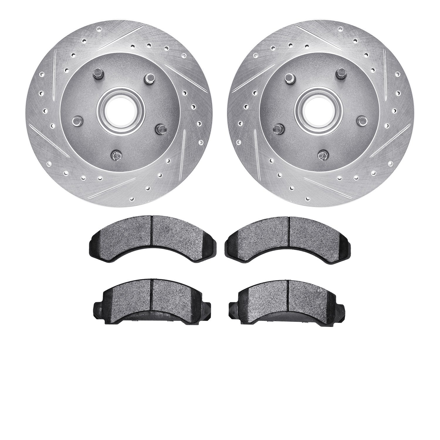 7202-99092 Drilled/Slotted Rotors w/Heavy-Duty Brake Pads Kit [Silver], 1983-1994 Ford/Lincoln/Mercury/Mazda, Position: Front