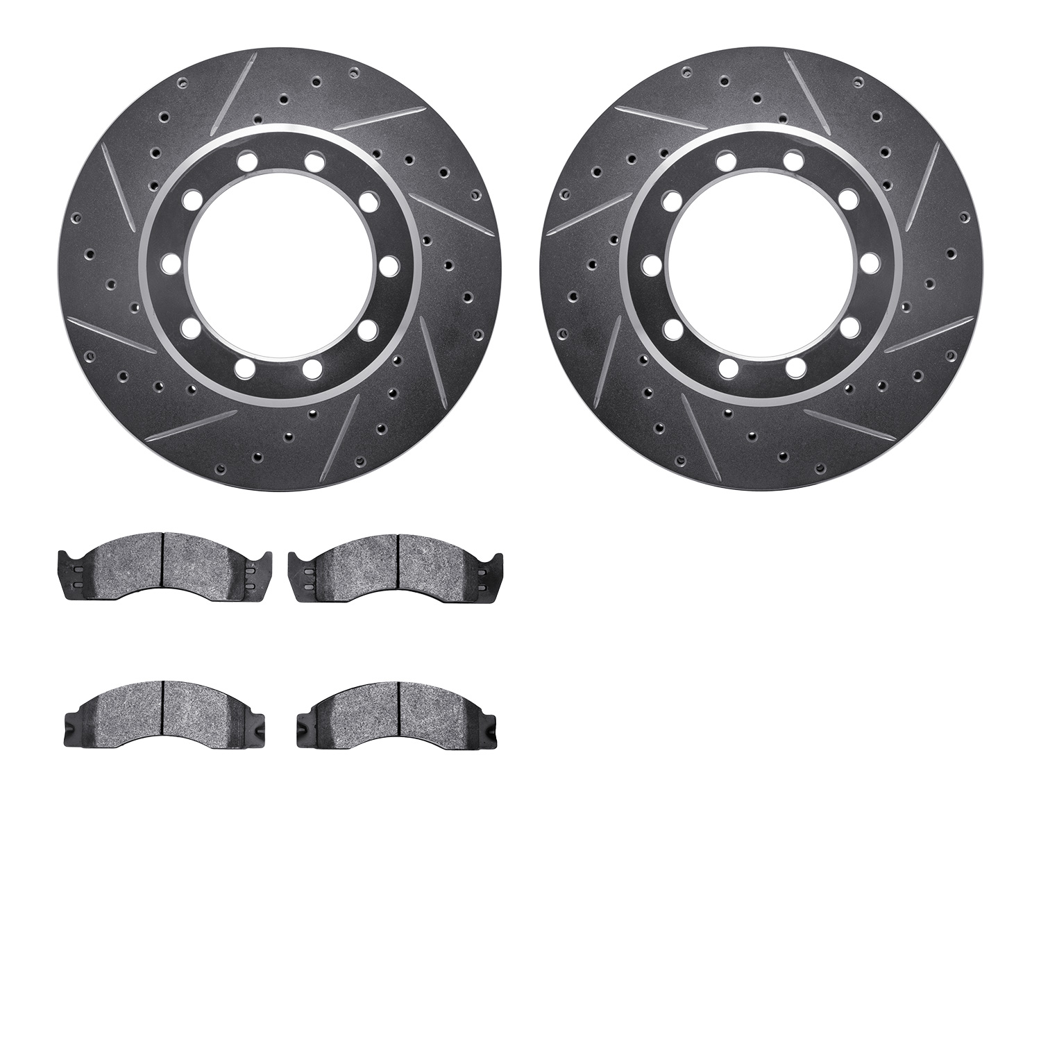 7202-99094 Drilled/Slotted Rotors w/Heavy-Duty Brake Pads Kit [Silver], 1988-1998 Ford/Lincoln/Mercury/Mazda, Position: Front, R