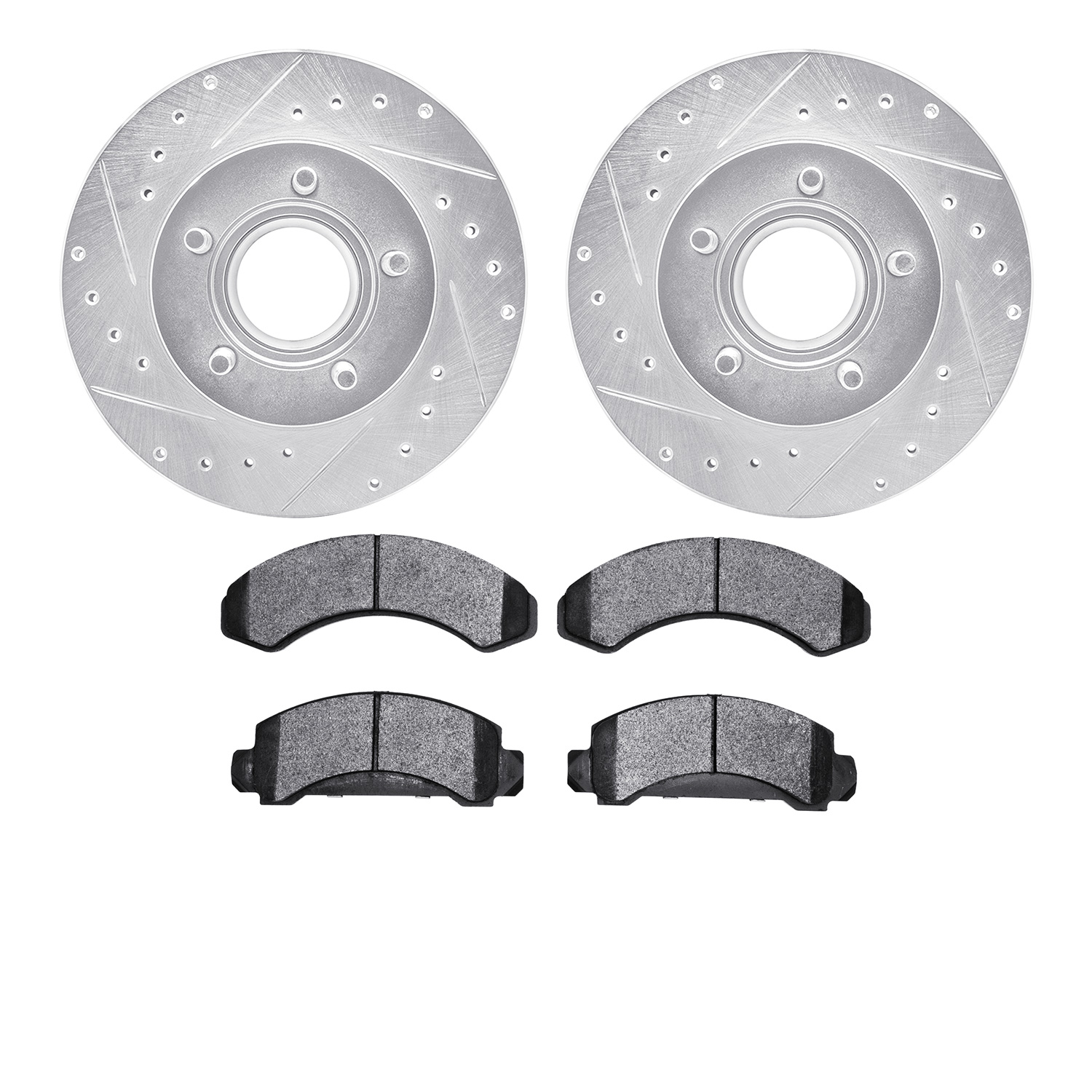 7202-99099 Drilled/Slotted Rotors w/Heavy-Duty Brake Pads Kit [Silver], 1990-1994 Ford/Lincoln/Mercury/Mazda, Position: Front