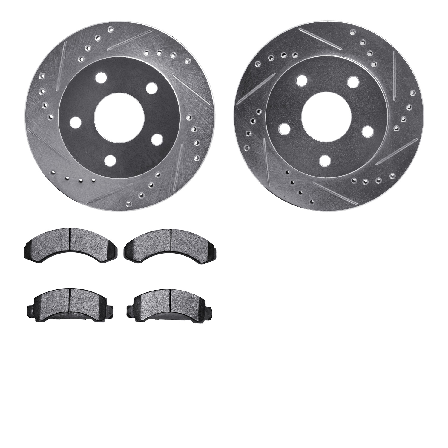 7202-99100 Drilled/Slotted Rotors w/Heavy-Duty Brake Pads Kit [Silver], 1990-1997 Ford/Lincoln/Mercury/Mazda, Position: Front